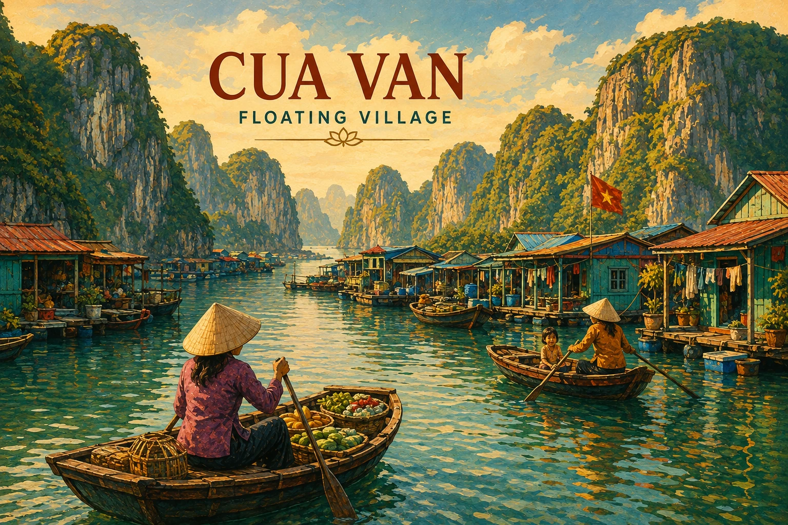 Illustrated view of Cua Van Floating Village in Ha Long Bay