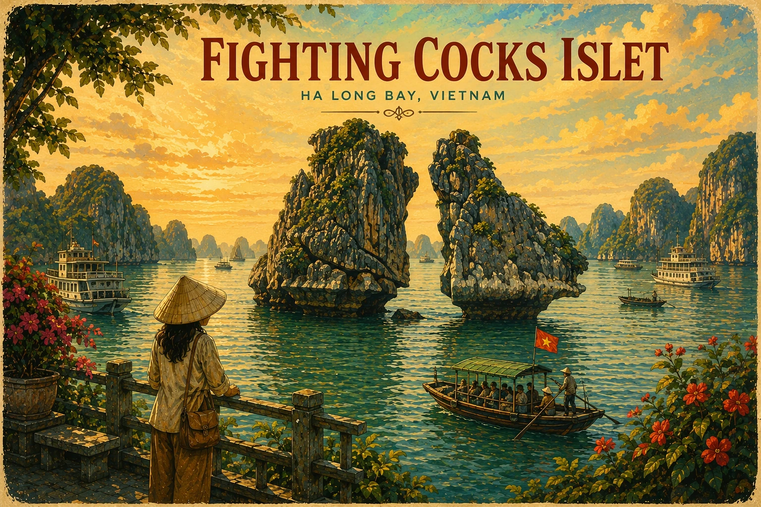 Illustrated view of Fighting Cocks Islet in Ha Long Bay