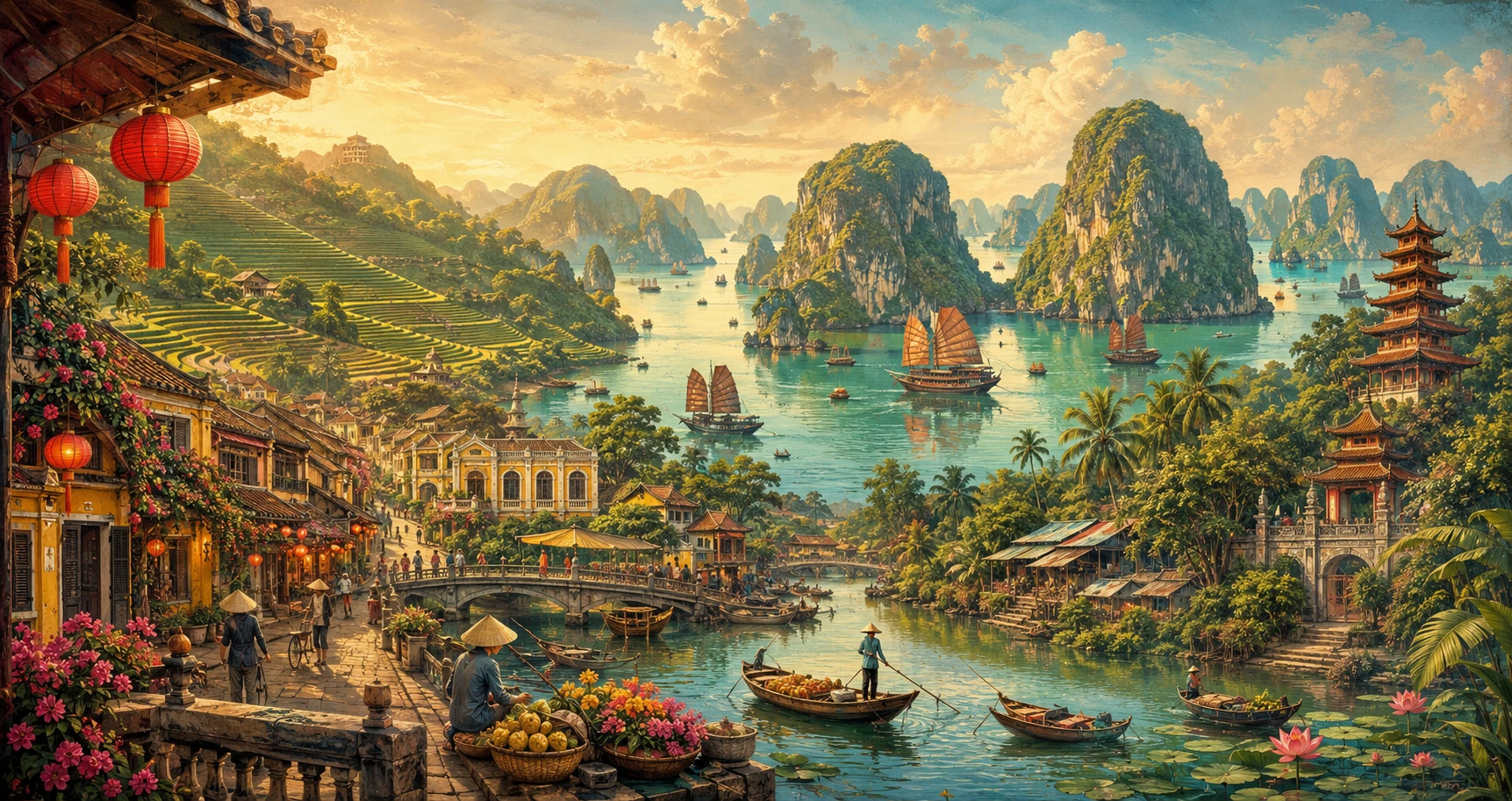 Vintage illustrated panorama of Ha Long Bay, Vietnam