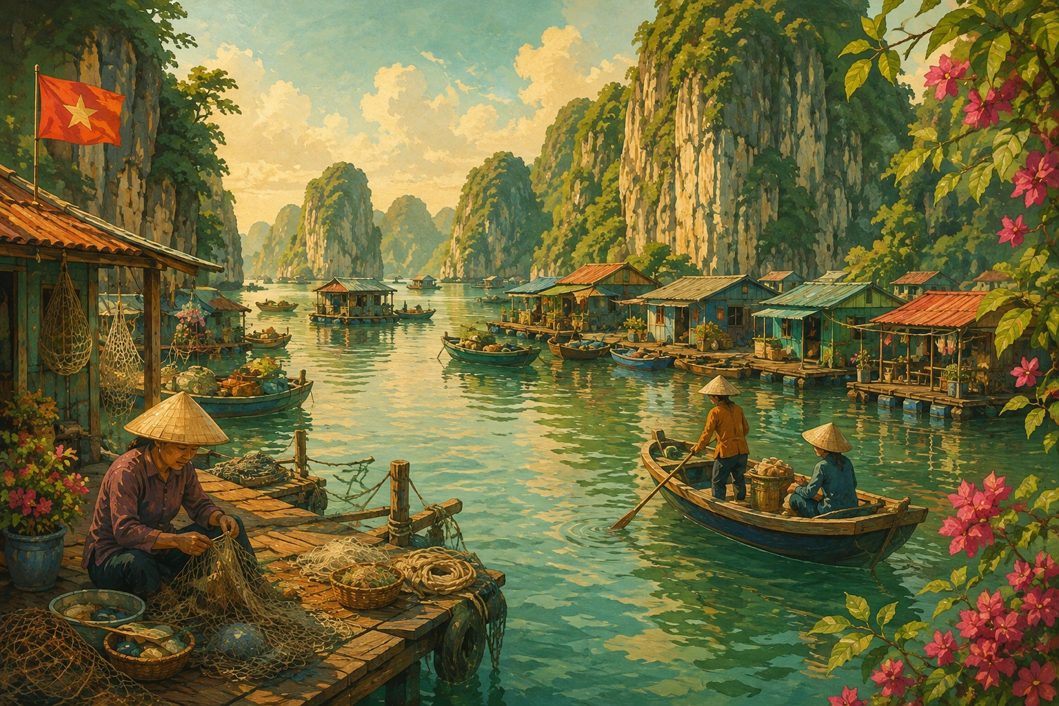 Atmospheric illustrated view of Vung Vieng Fishing Village