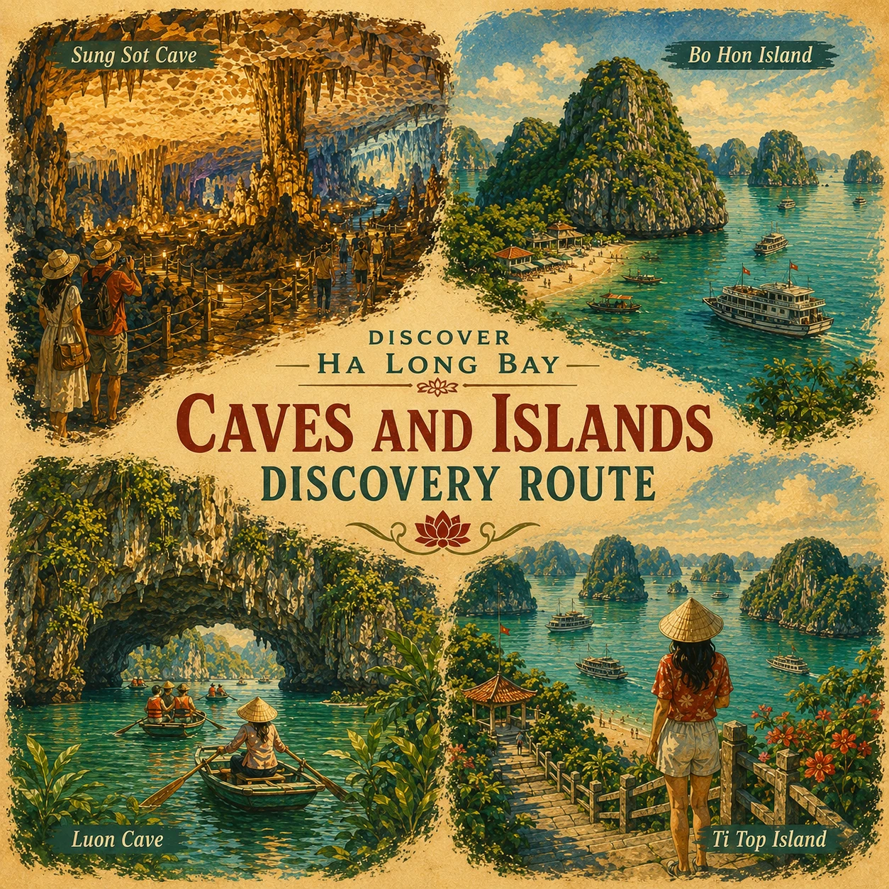 Illustrated Caves Islands Discovery route in Ha Long Bay