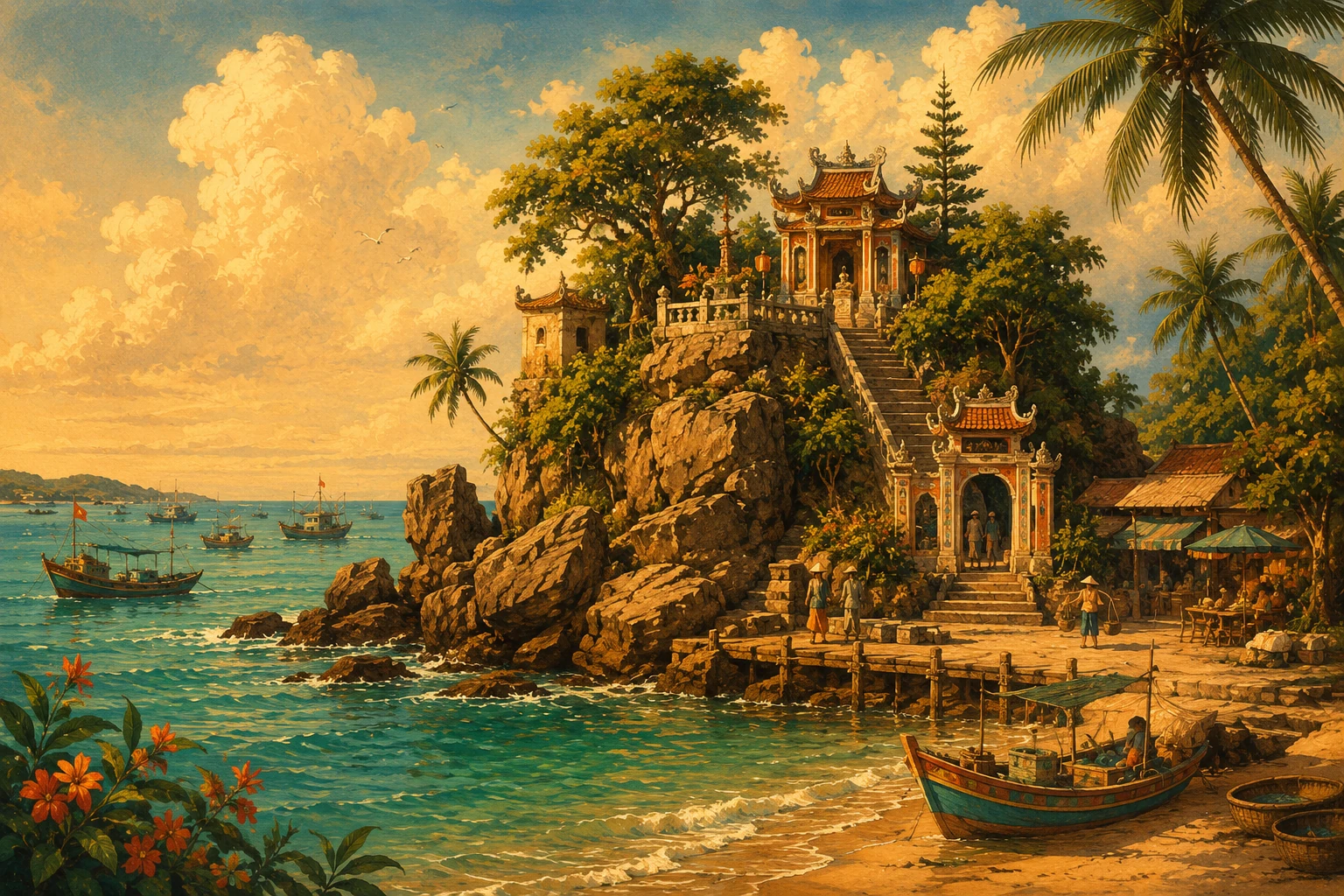 Illustrated view of Dinh Cau Temple in Phu Quoc