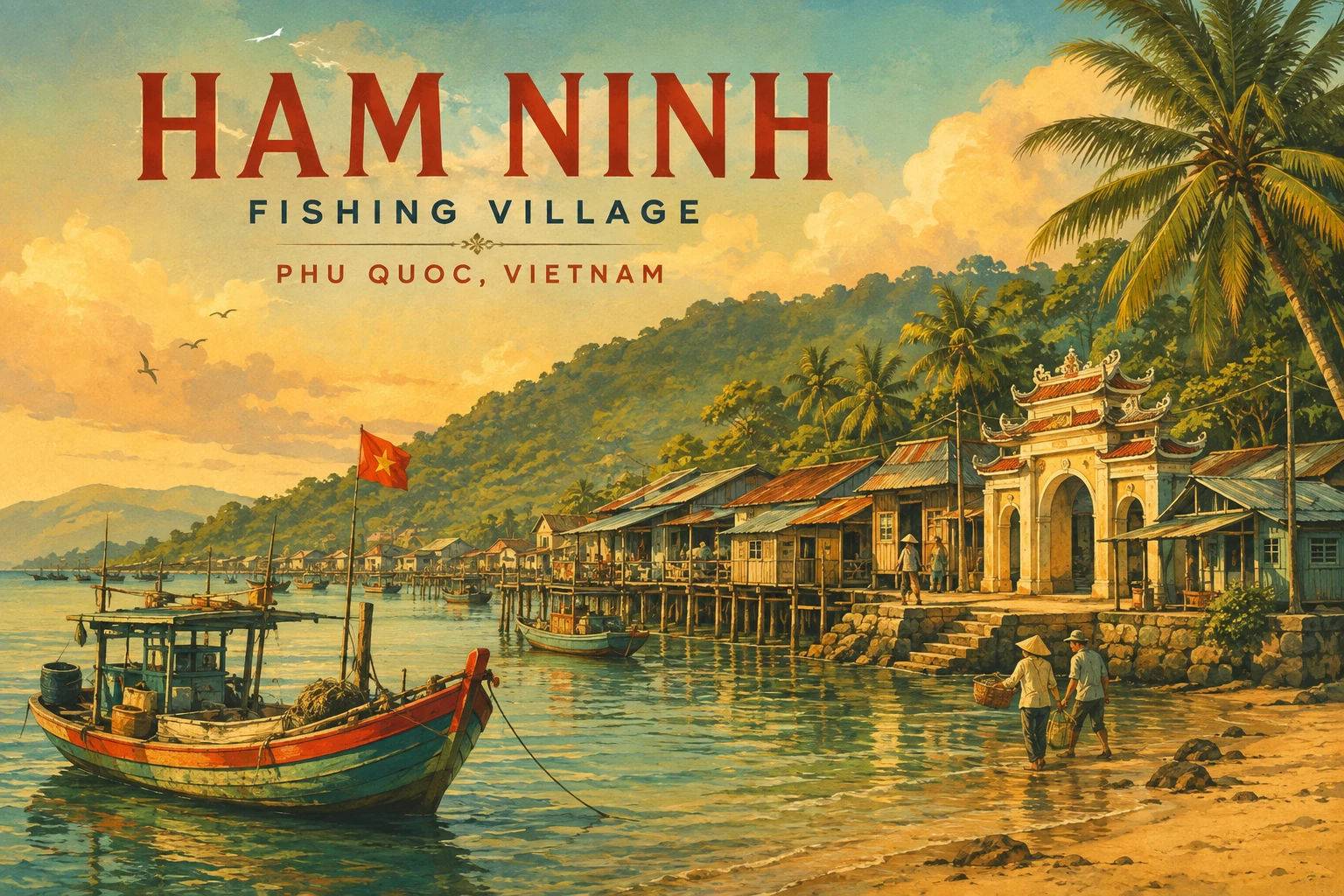 Illustrated view of Ham Ninh Fishing Village in Phu Quoc