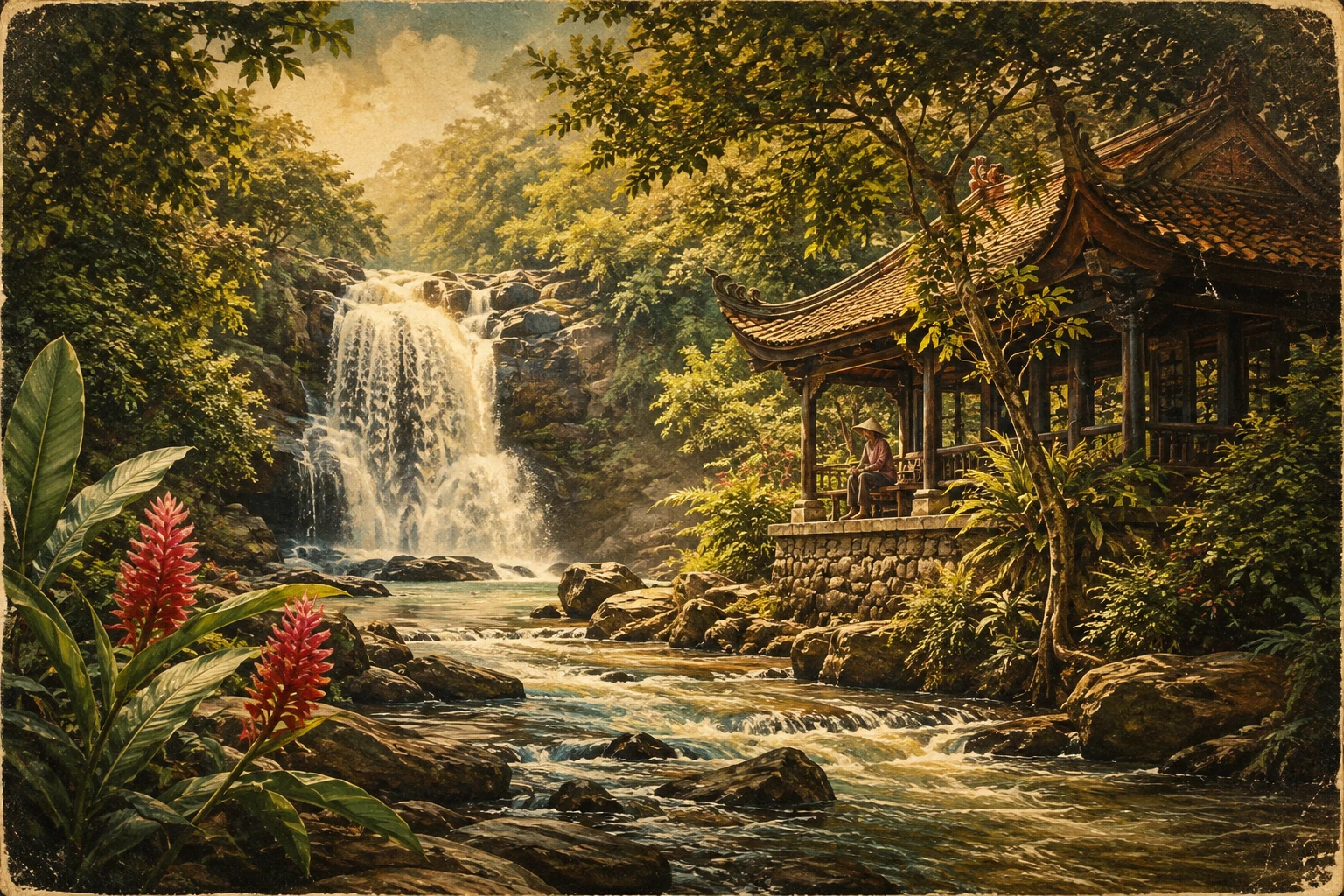 Atmospheric illustrated view of Suoi Tranh Waterfall