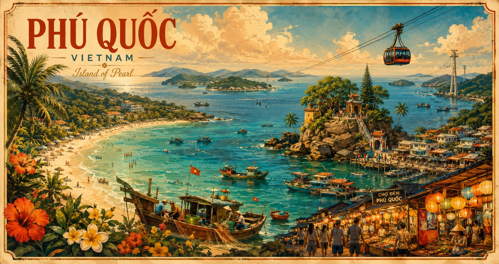 Vintage illustrated panorama of Phu Quoc, Vietnam