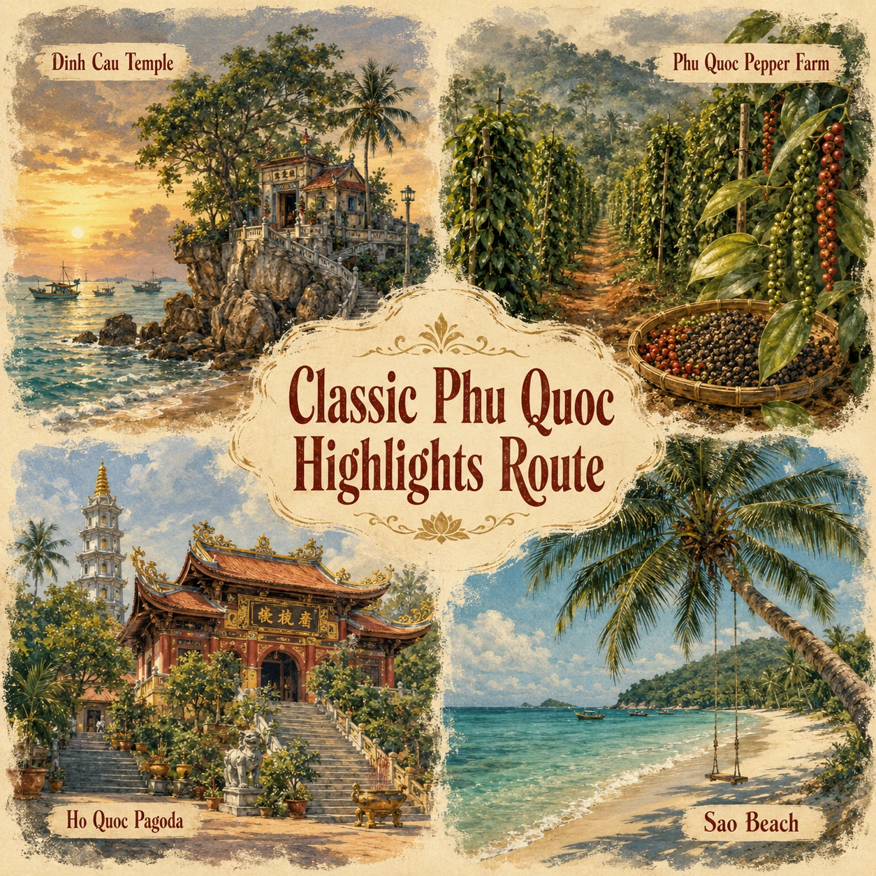 Illustrated Classic Phu Quoc Highlights route in Phu Quoc