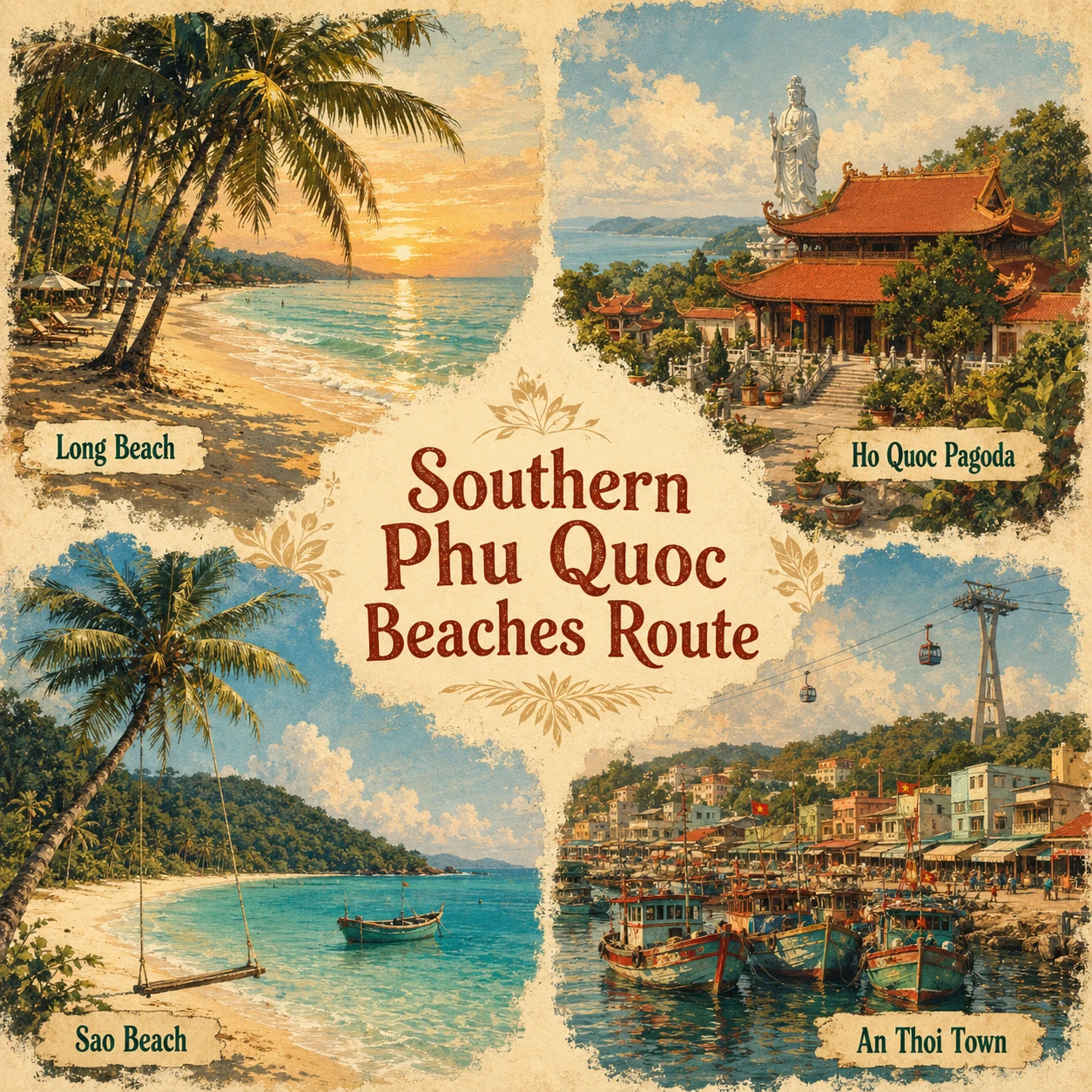 Illustrated Southern Phu Quoc Beaches route in Phu Quoc
