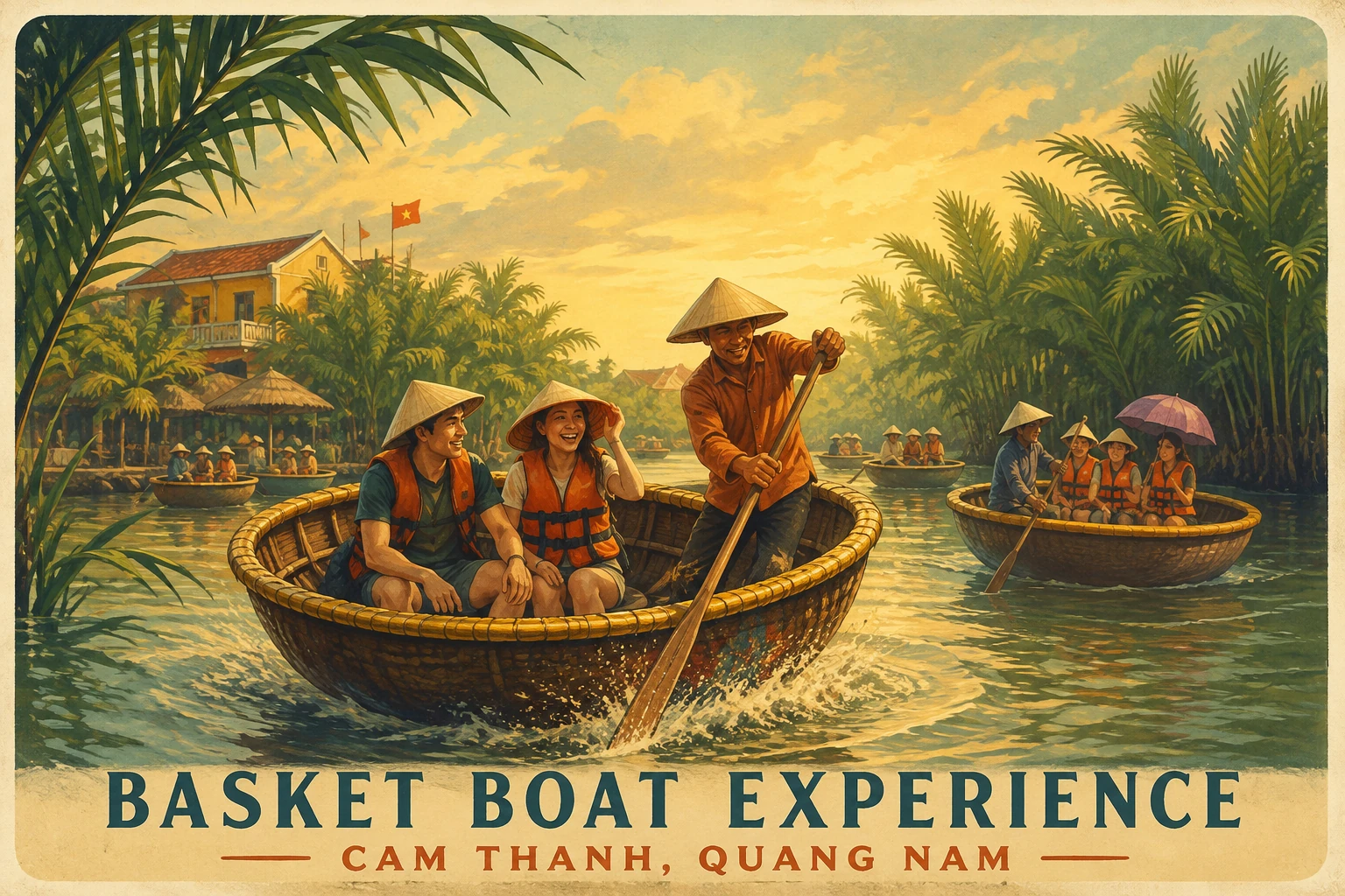 Travelers enjoying Basket Boat Experience Cam Thanh in Quang Nam