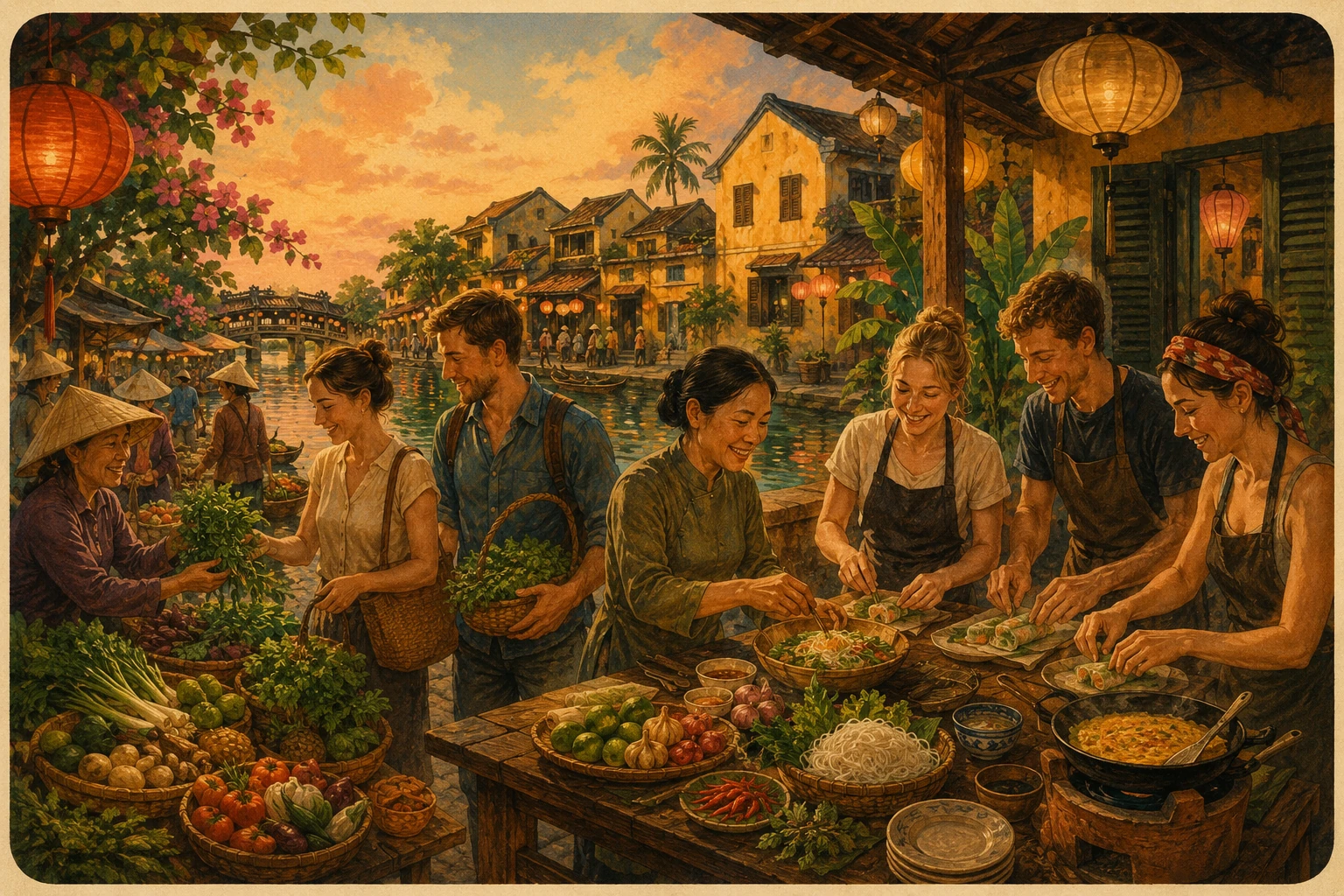 Travelers enjoying Hoi An Cooking Class and Market Tour in Quang Nam