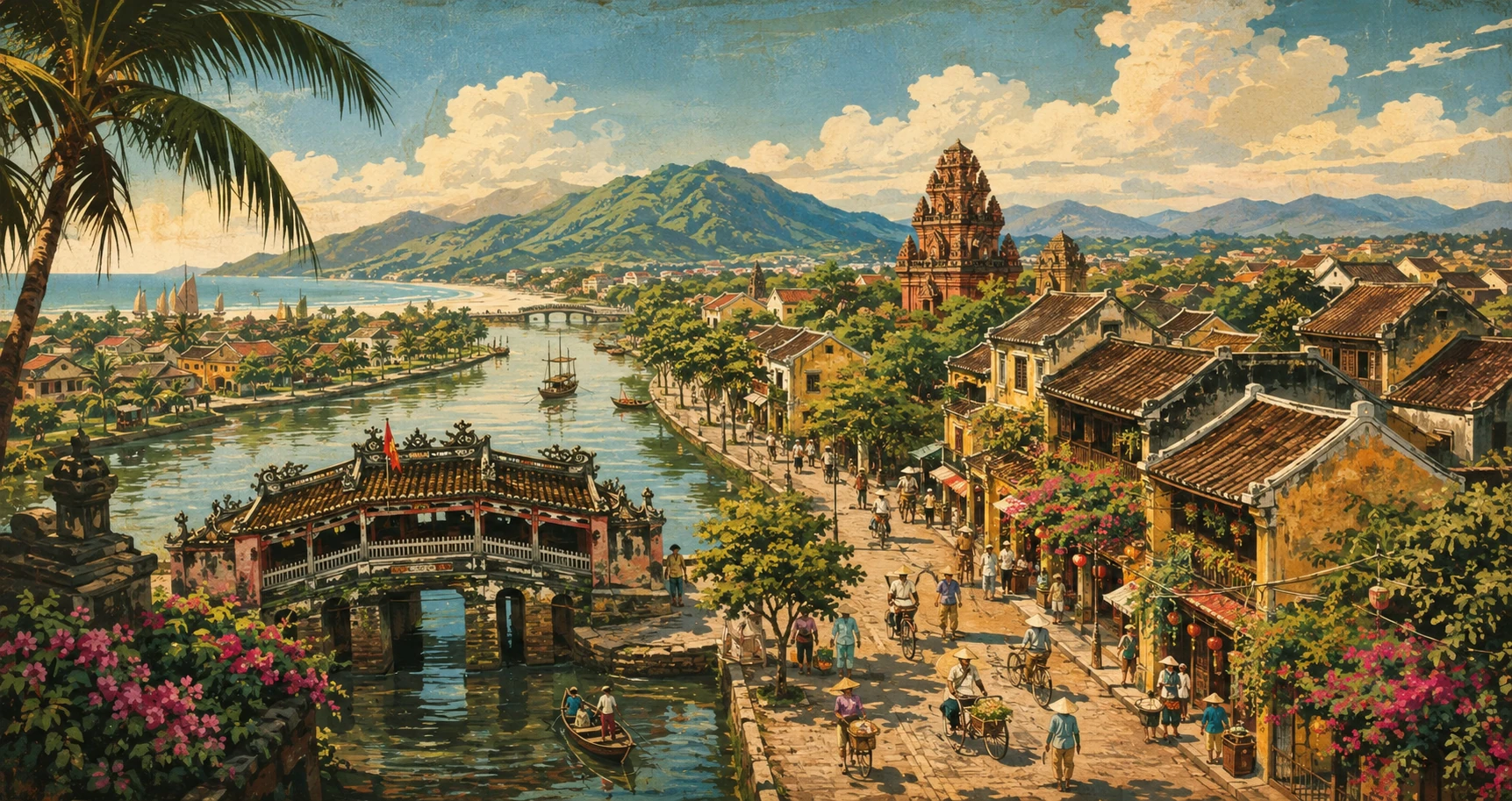 Vintage illustrated panorama of Quang Nam, Vietnam