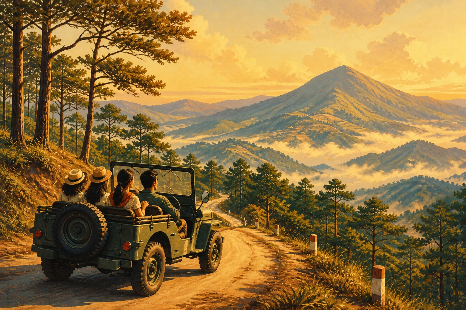 Travelers enjoying Langbiang Mountain Jeep Tour in Lam Dong