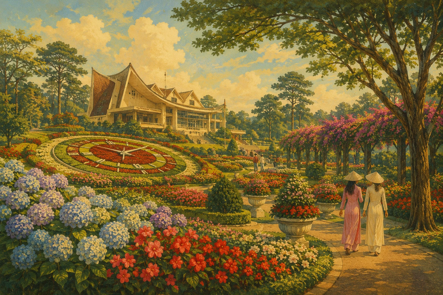 Illustrated view of Da Lat Flower Garden in Lam Dong