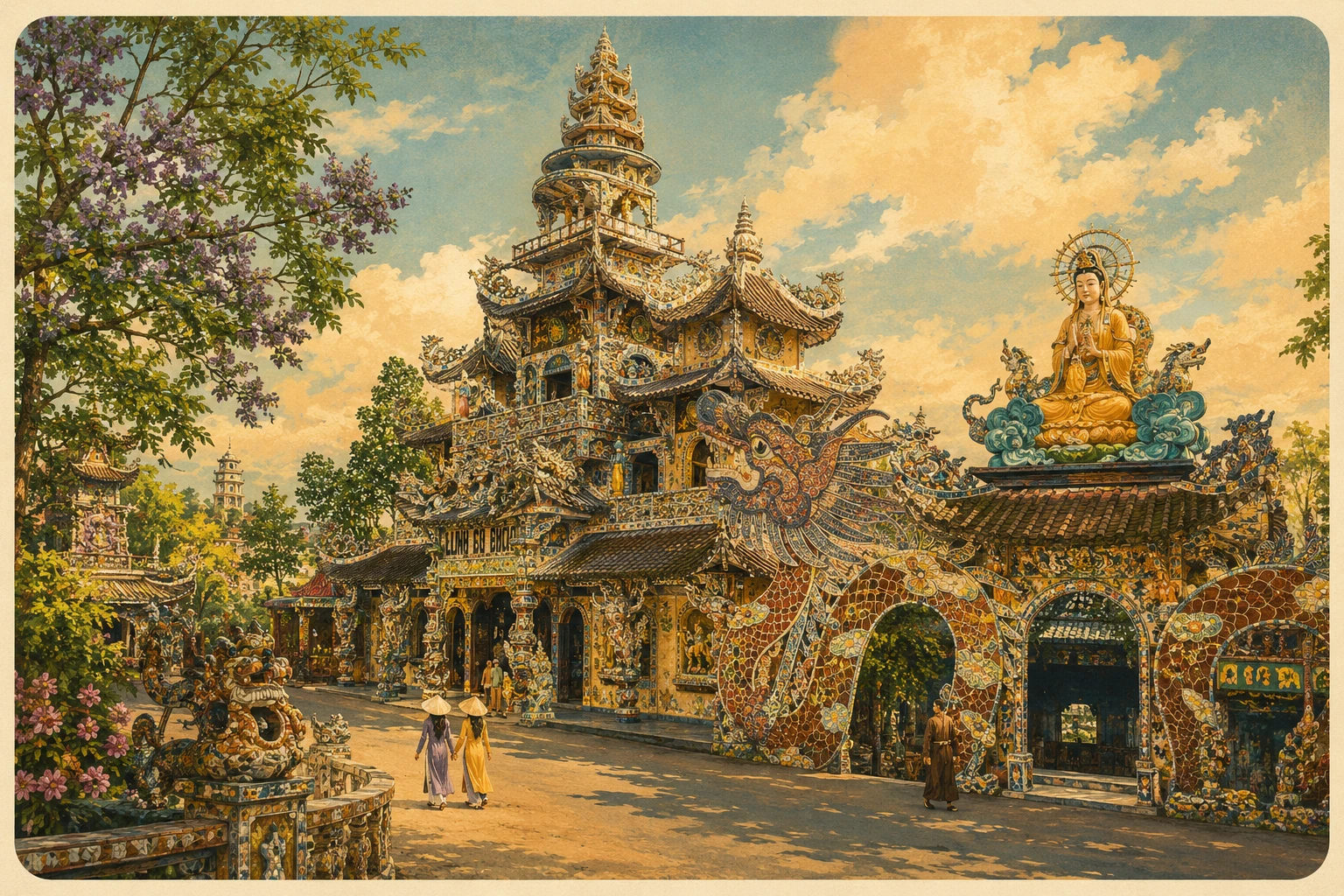 Illustrated view of Linh Phuoc Pagoda in Lam Dong