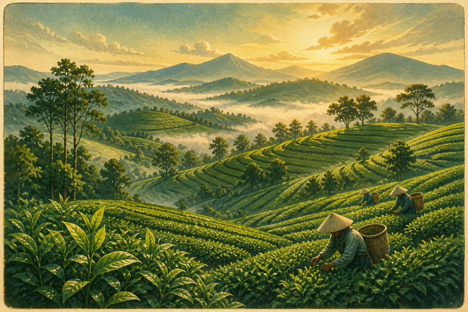 Atmospheric illustrated view of Bao Loc Tea Hills