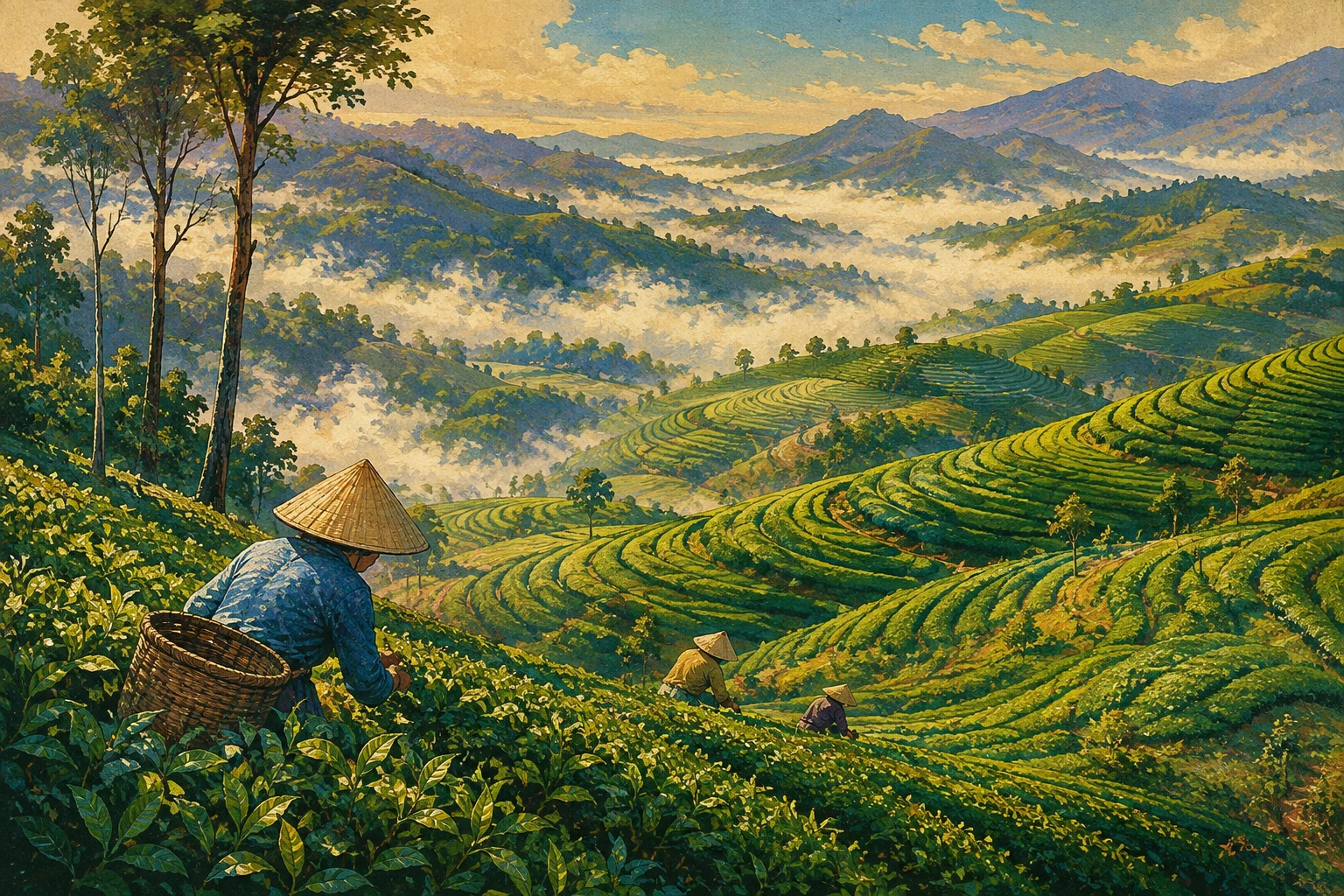 Atmospheric illustrated view of Cau Dat Tea Hill