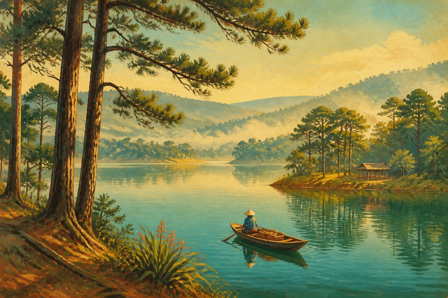 Atmospheric illustrated view of Tuyen Lam Lake