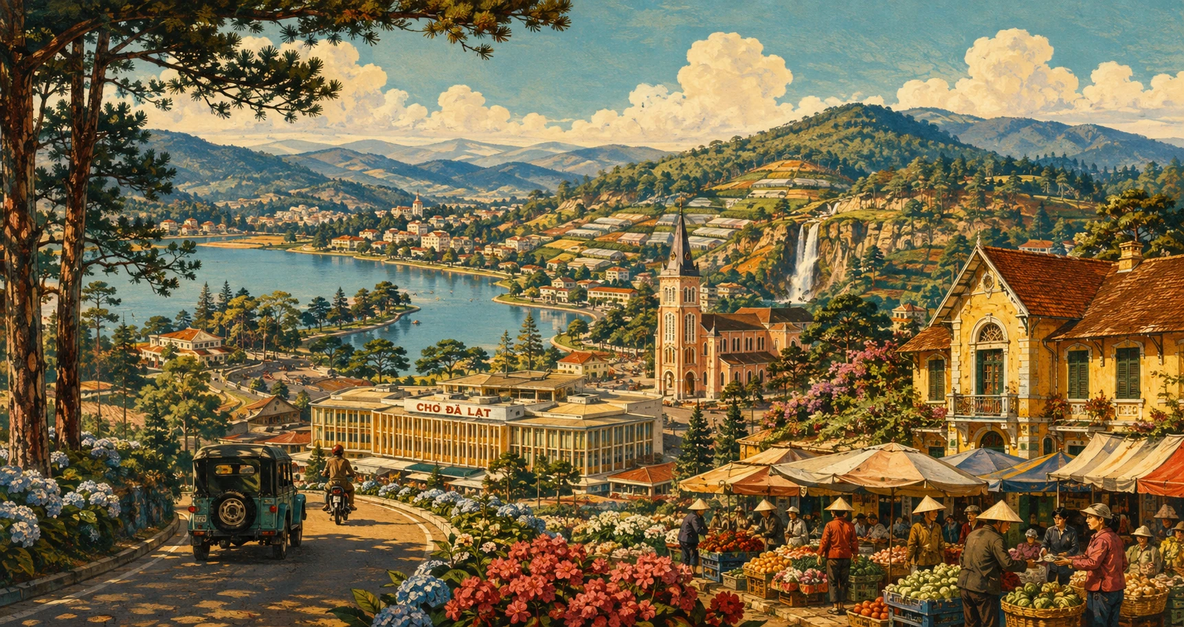 Vintage illustrated panorama of Lam Dong, Vietnam