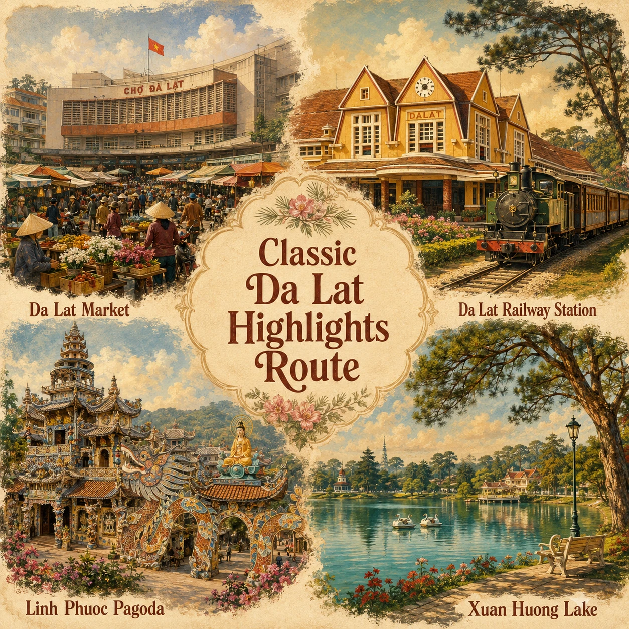 Illustrated Classic Da Lat Highlights route in Lam Dong