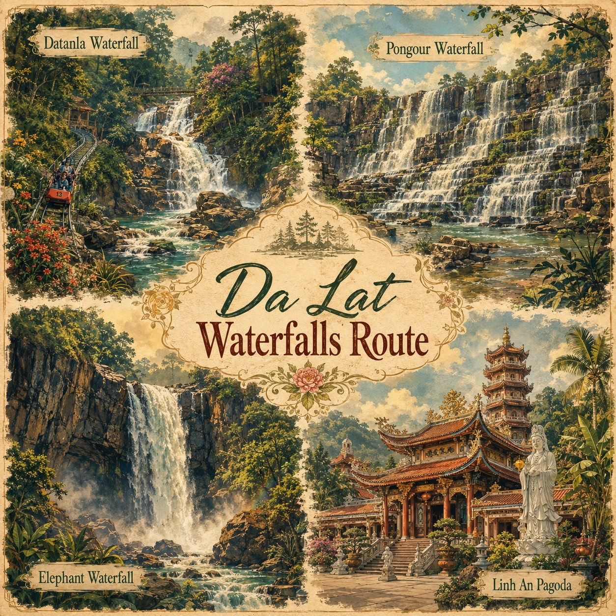 Illustrated Da Lat Waterfalls route in Lam Dong