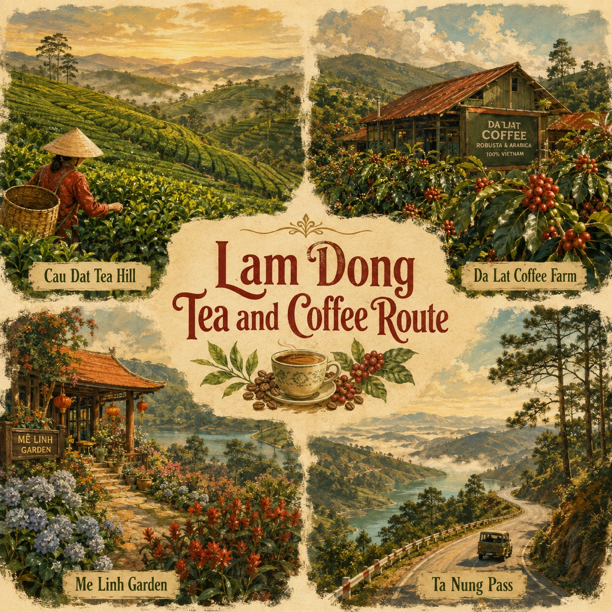 Illustrated Lam Dong Tea and Coffee route in Lam Dong