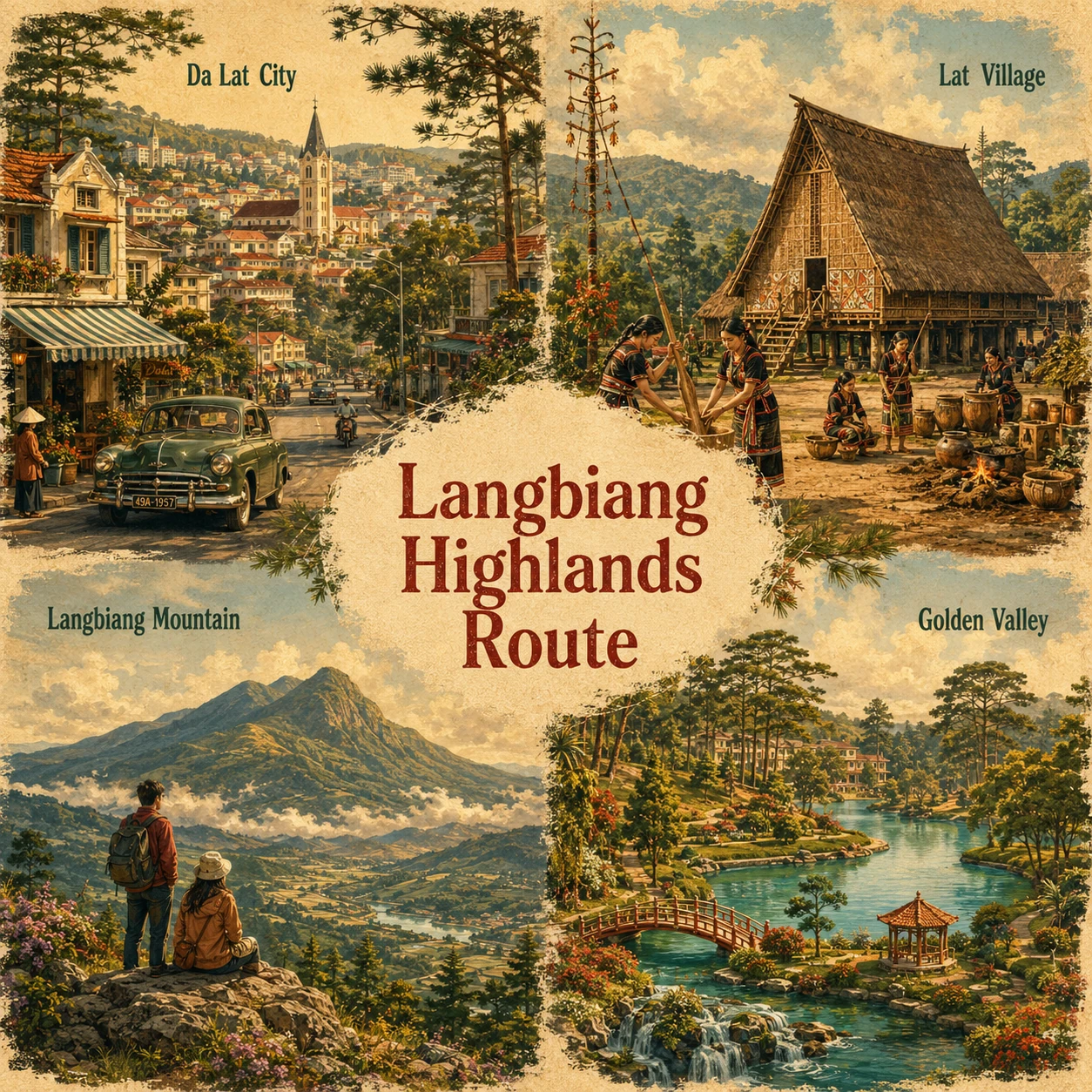 Illustrated Langbiang Highlands route in Lam Dong