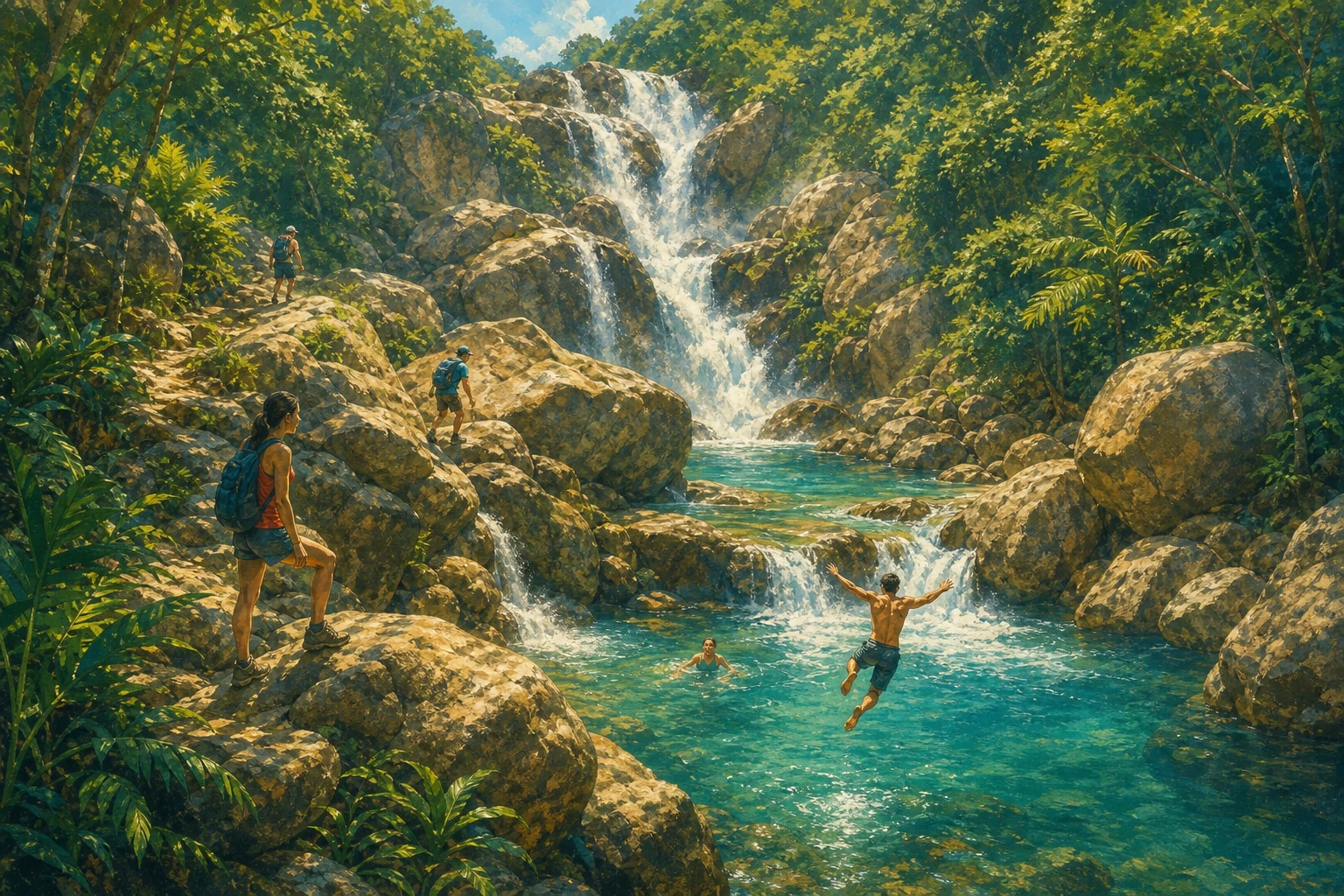 Travelers enjoying Ba Ho Waterfalls Adventure in Nha Trang