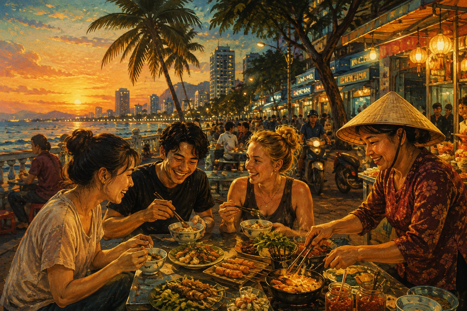Travelers enjoying Nha Trang Street Food Tour in Nha Trang