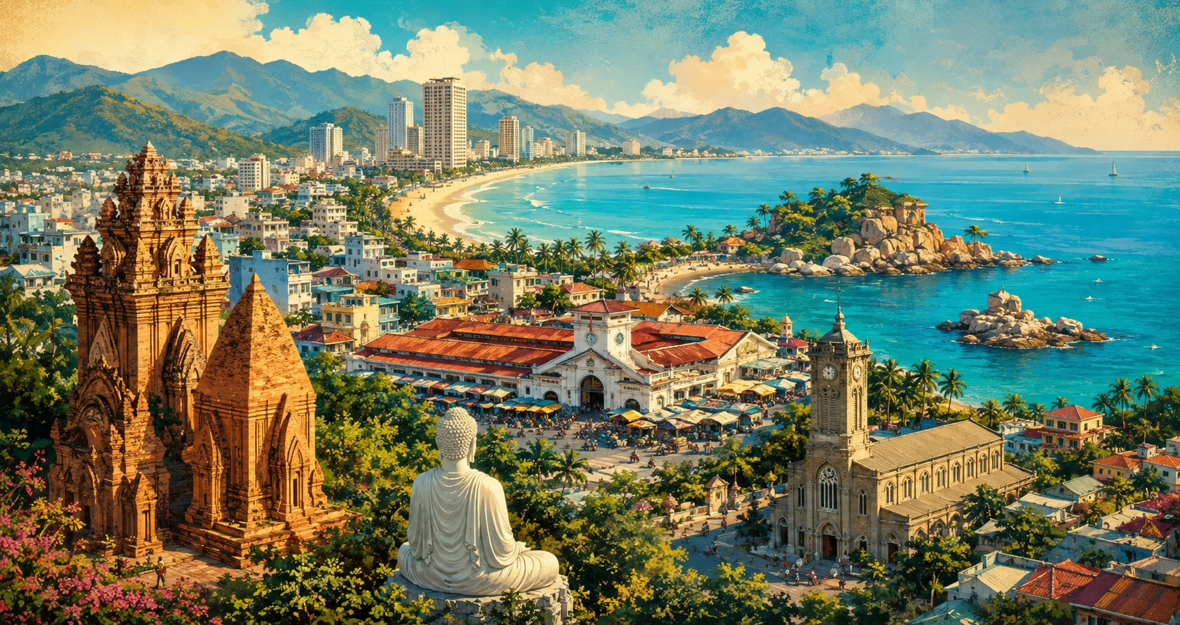 Vintage illustrated panorama of Nha Trang, Vietnam