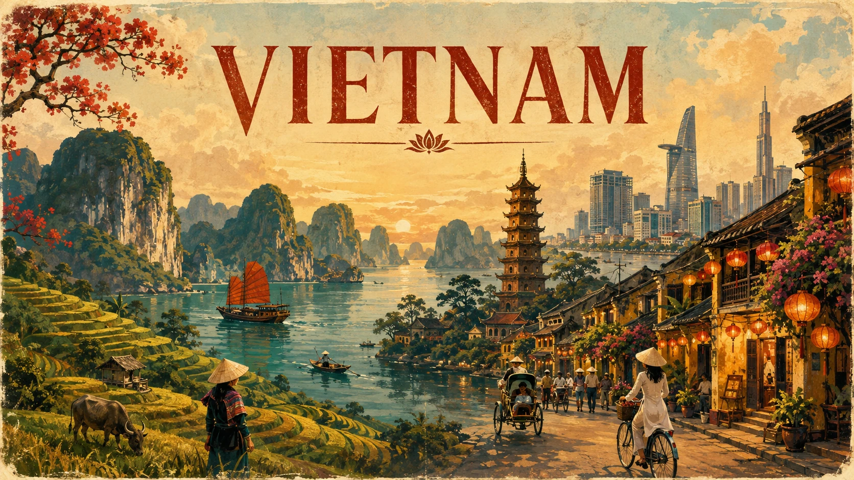Illustrated Vietnam travel panorama with landscapes, architecture, and local atmosphere