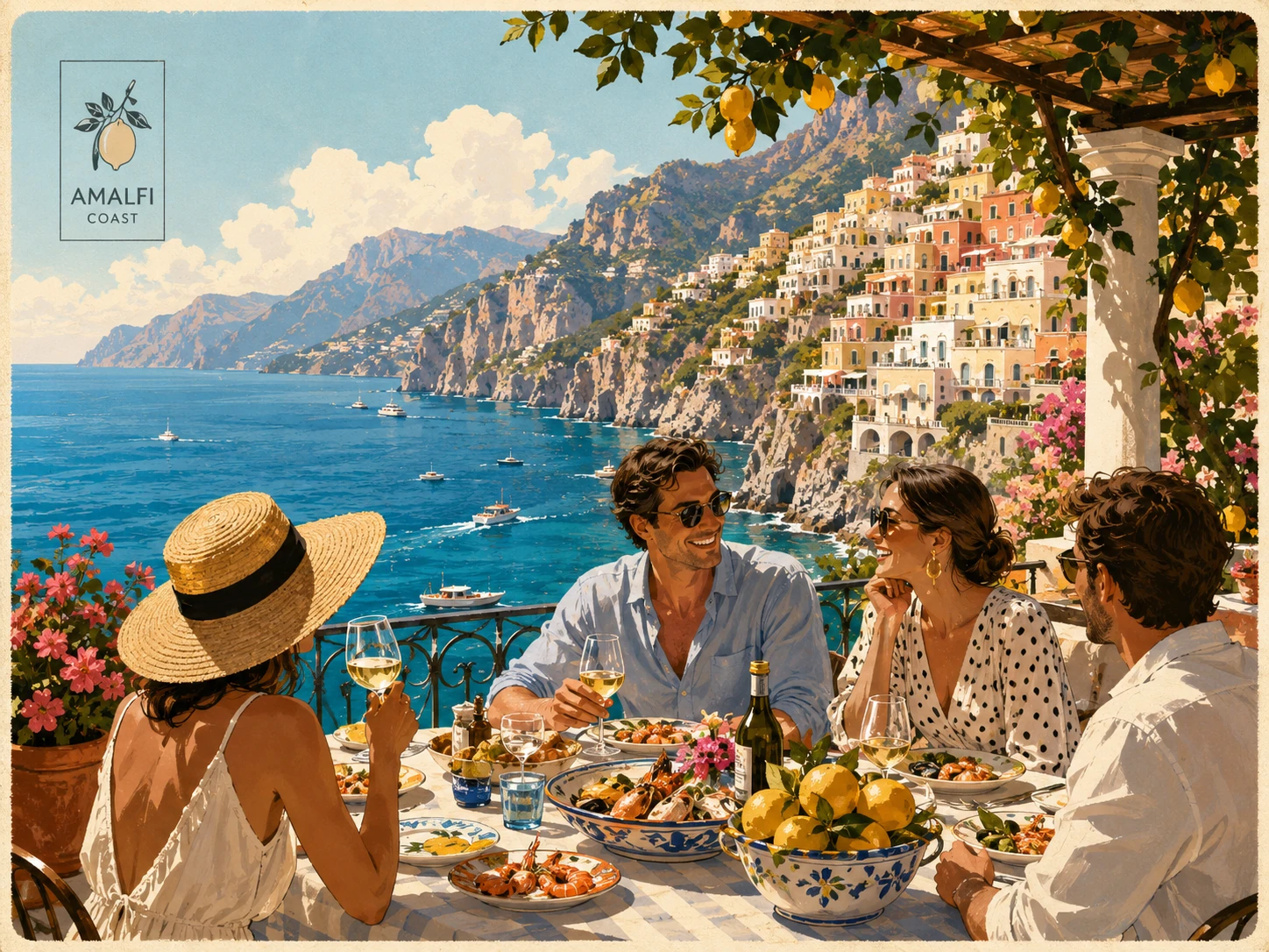 Illustration of lunch on a terrace overlooking the Amalfi Coast
