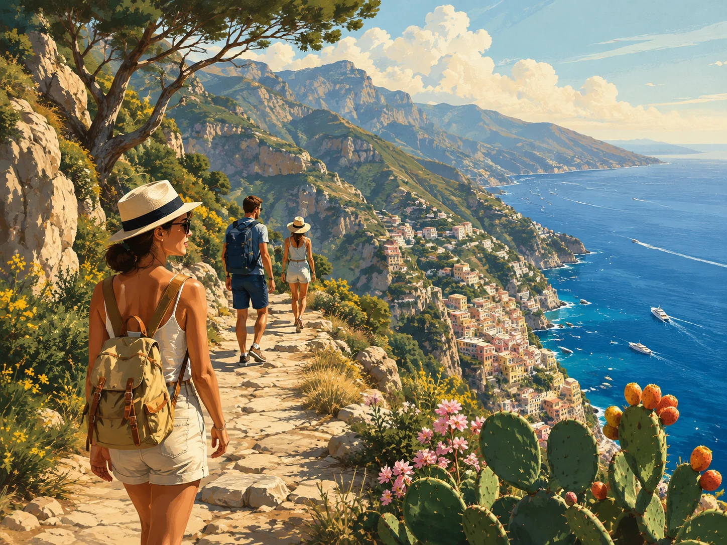 Illustration of travelers hiking the Path of the Gods above the sea