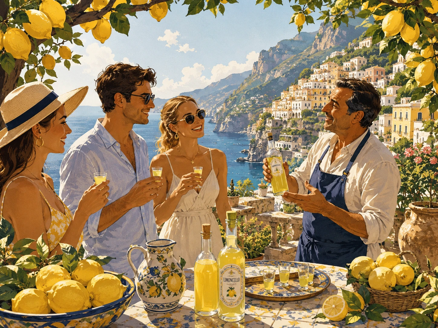 Illustration of Amalfi lemons and a limoncello tasting in a coastal grove