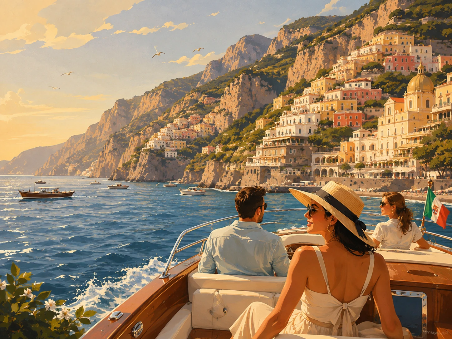 Illustration of a small boat cruising beneath Amalfi Coast cliffs