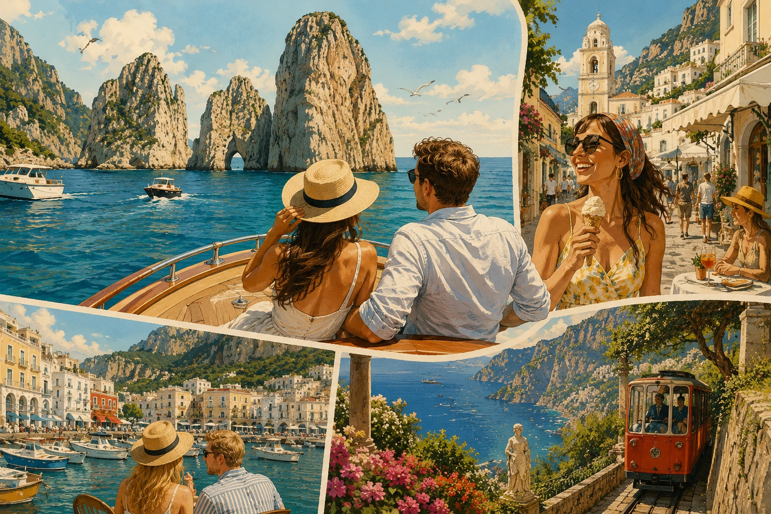 Illustration of a boat approaching Capri from the Amalfi Coast