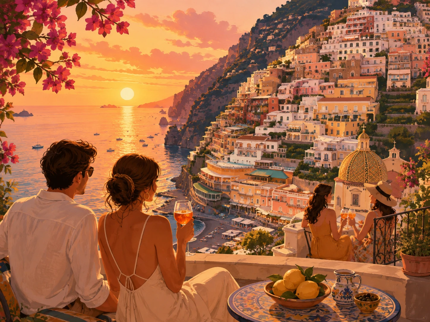Illustration of sunset over Positano's colorful cliffside village