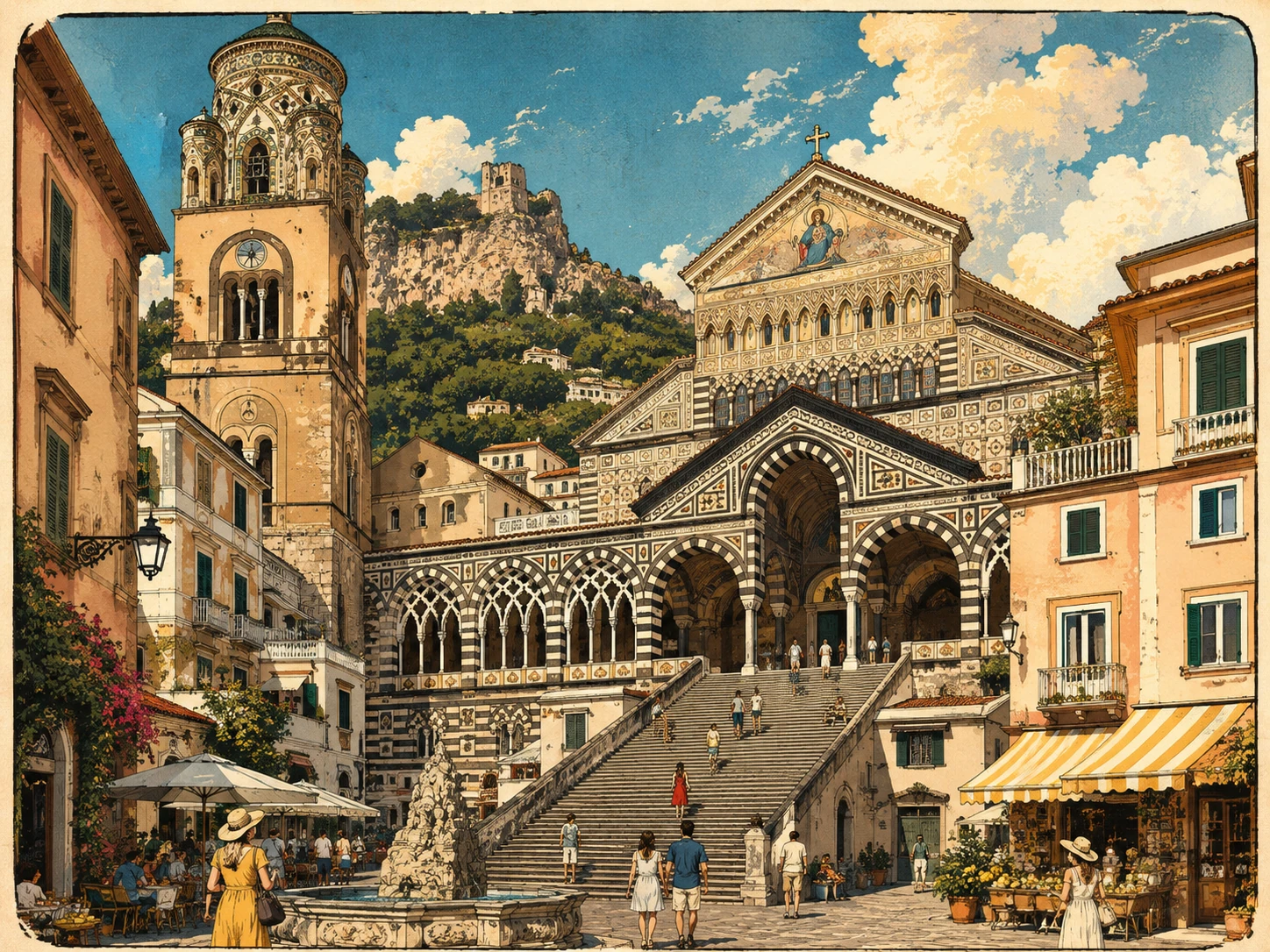 Illustration of Amalfi Cathedral rising above Piazza del Duomo