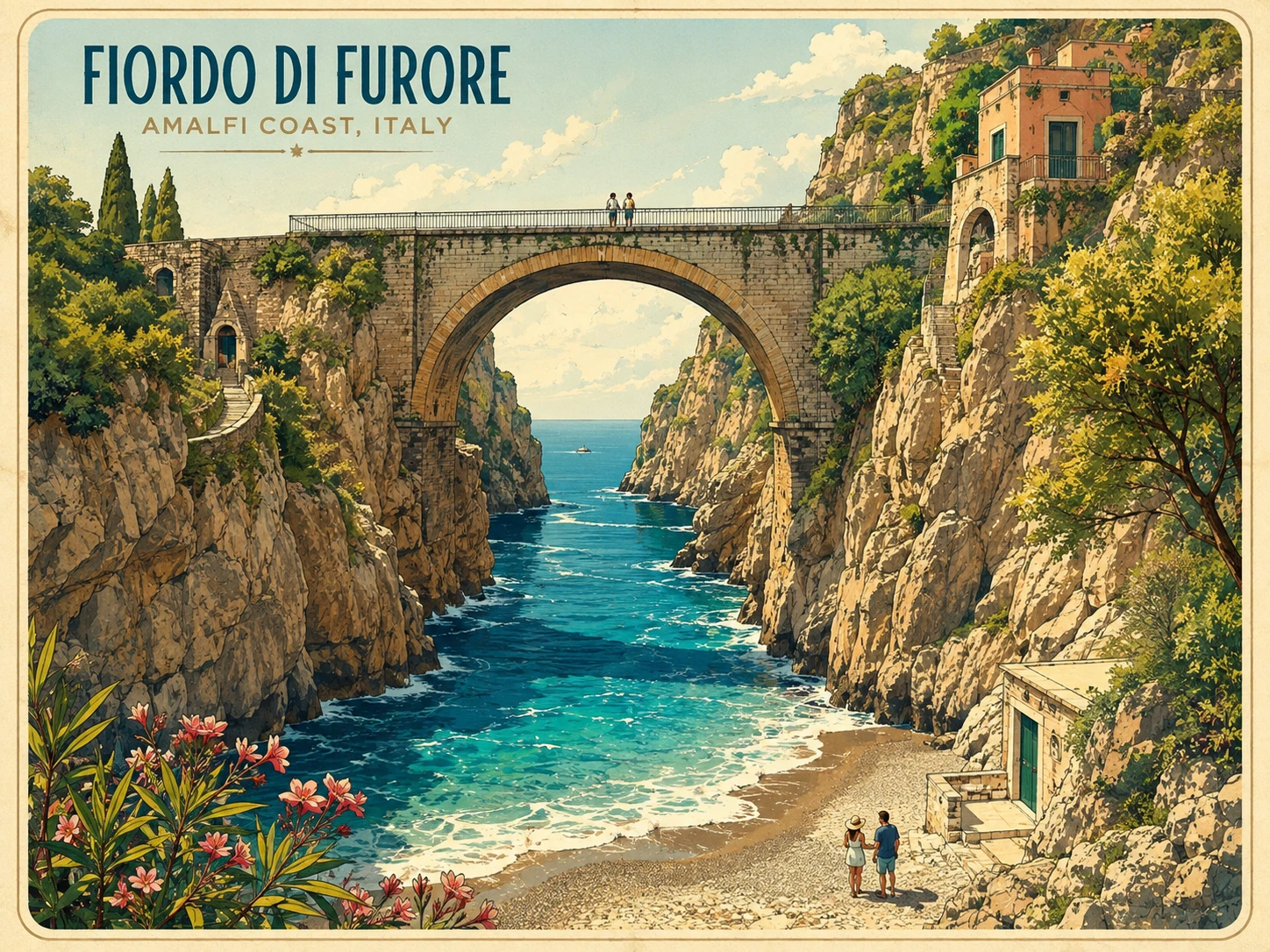 Illustration of Fiordo di Furore's narrow inlet, beach, bridge, and cliffs