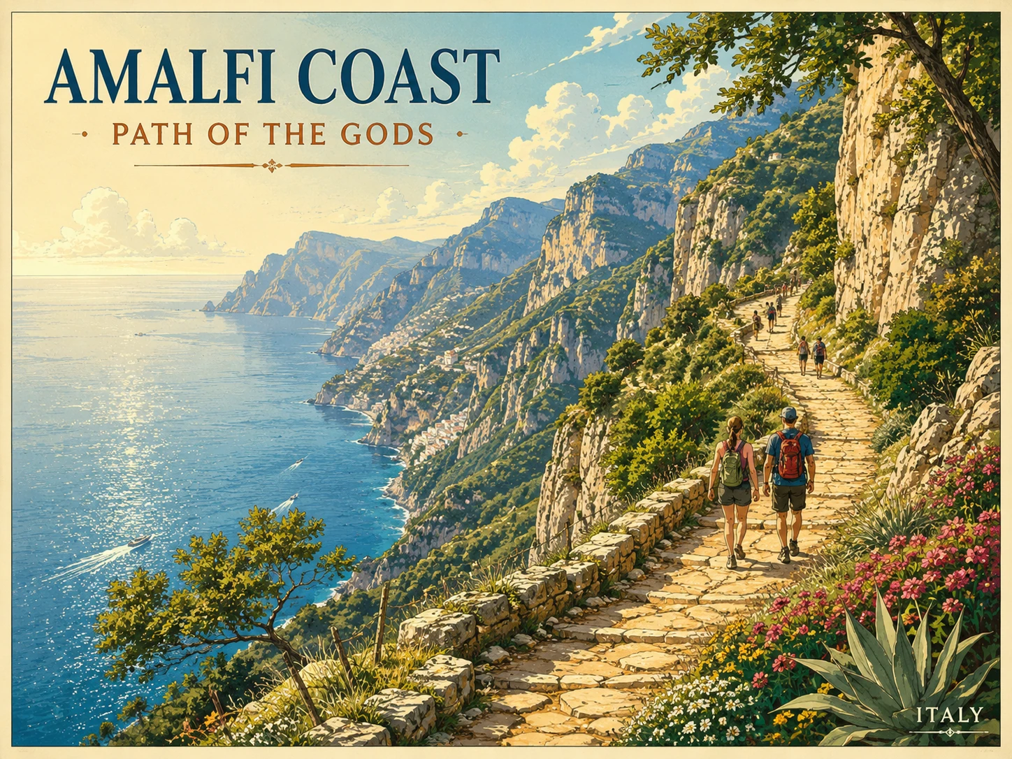 Illustration of hikers on the Path of the Gods above the Amalfi Coast