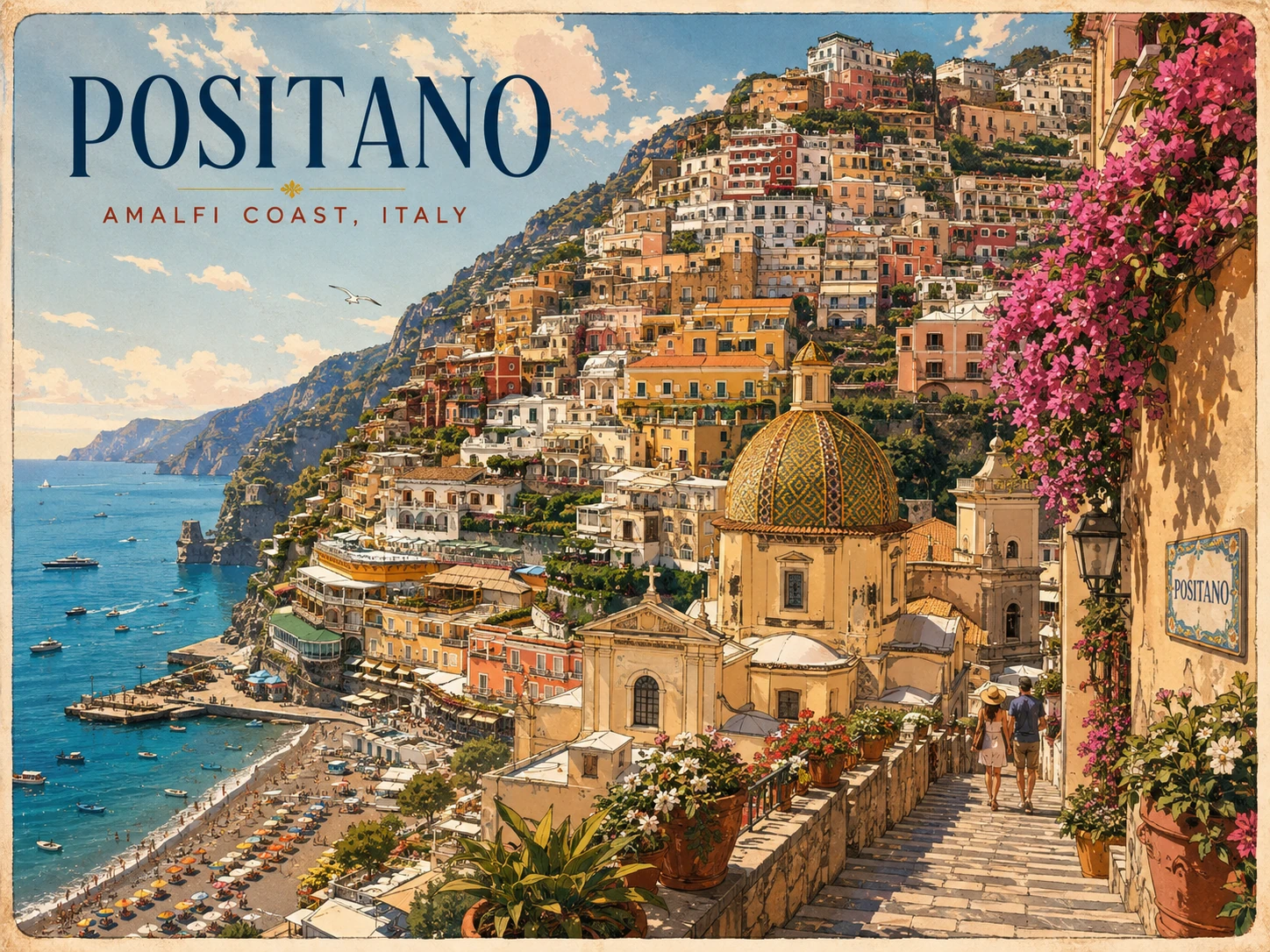 Illustration of Positano's colorful cliffside houses above the Mediterranean