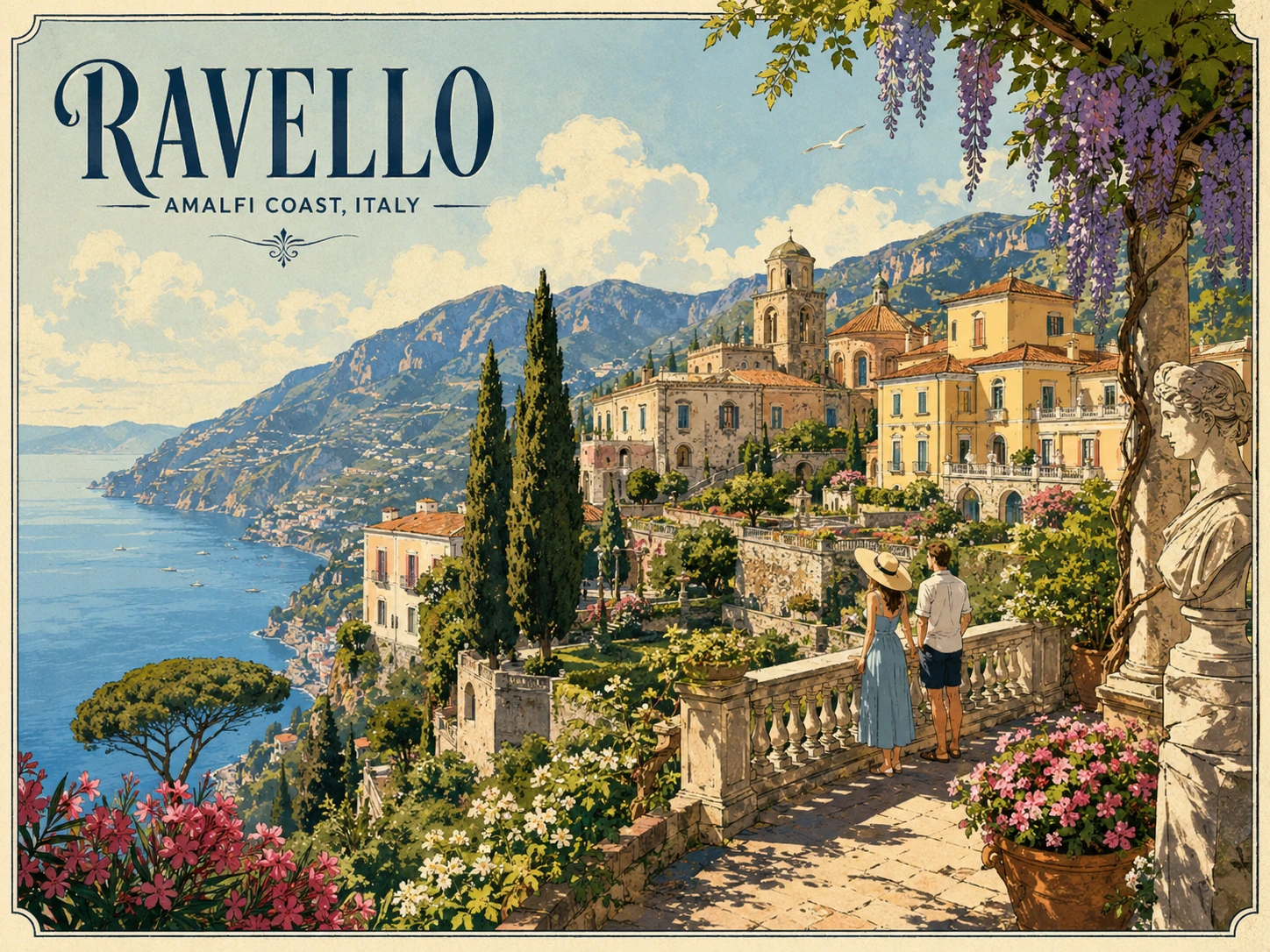 Illustration of Ravello's hilltop gardens and coastal panorama