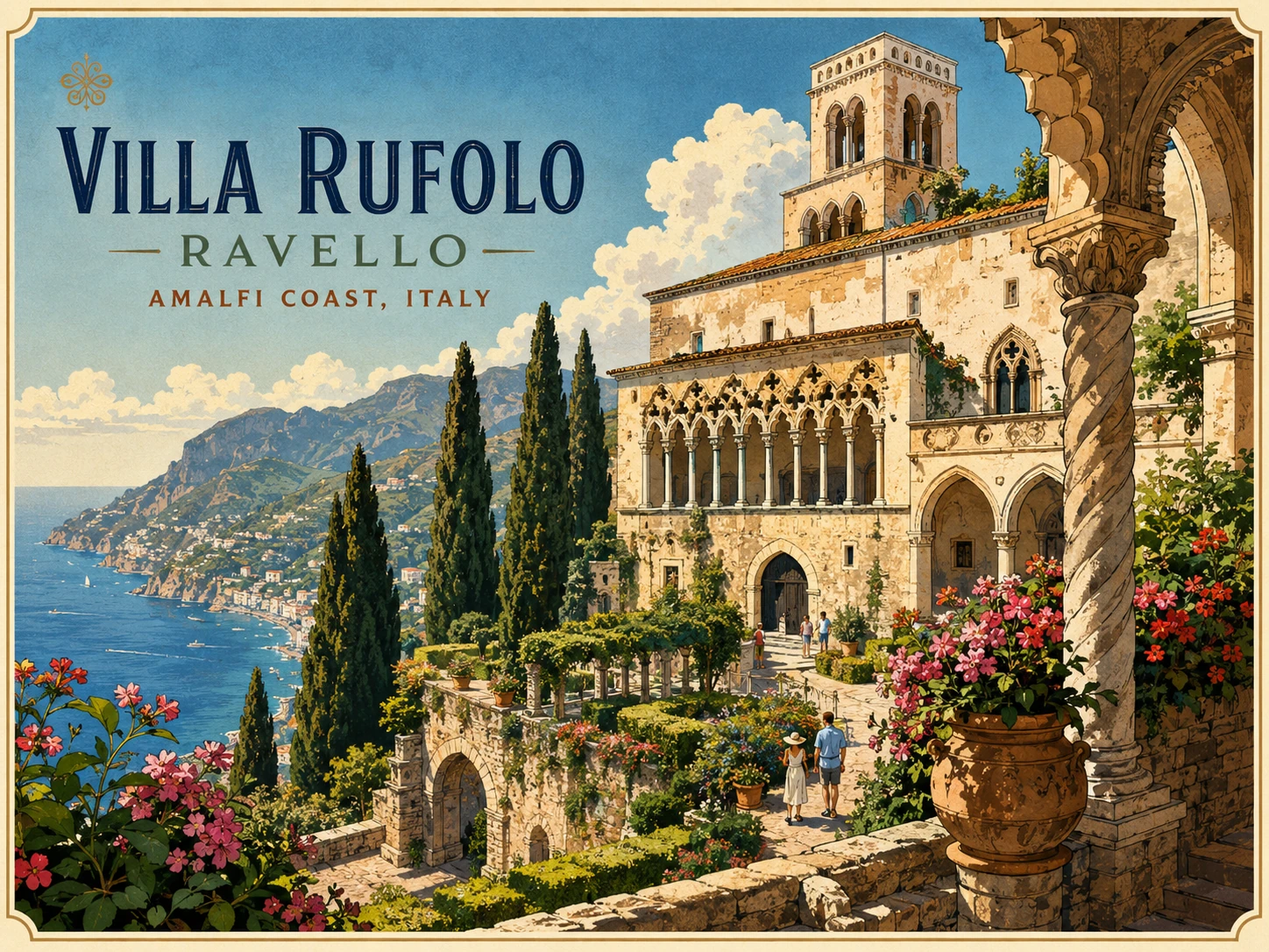 Illustration of Villa Rufolo's Moorish arches and flower-filled terraces in Ravello