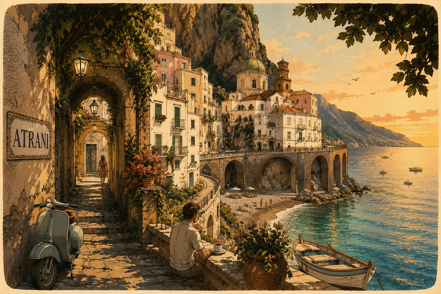 Illustration of Atrani's compact beach, arches, and village lanes