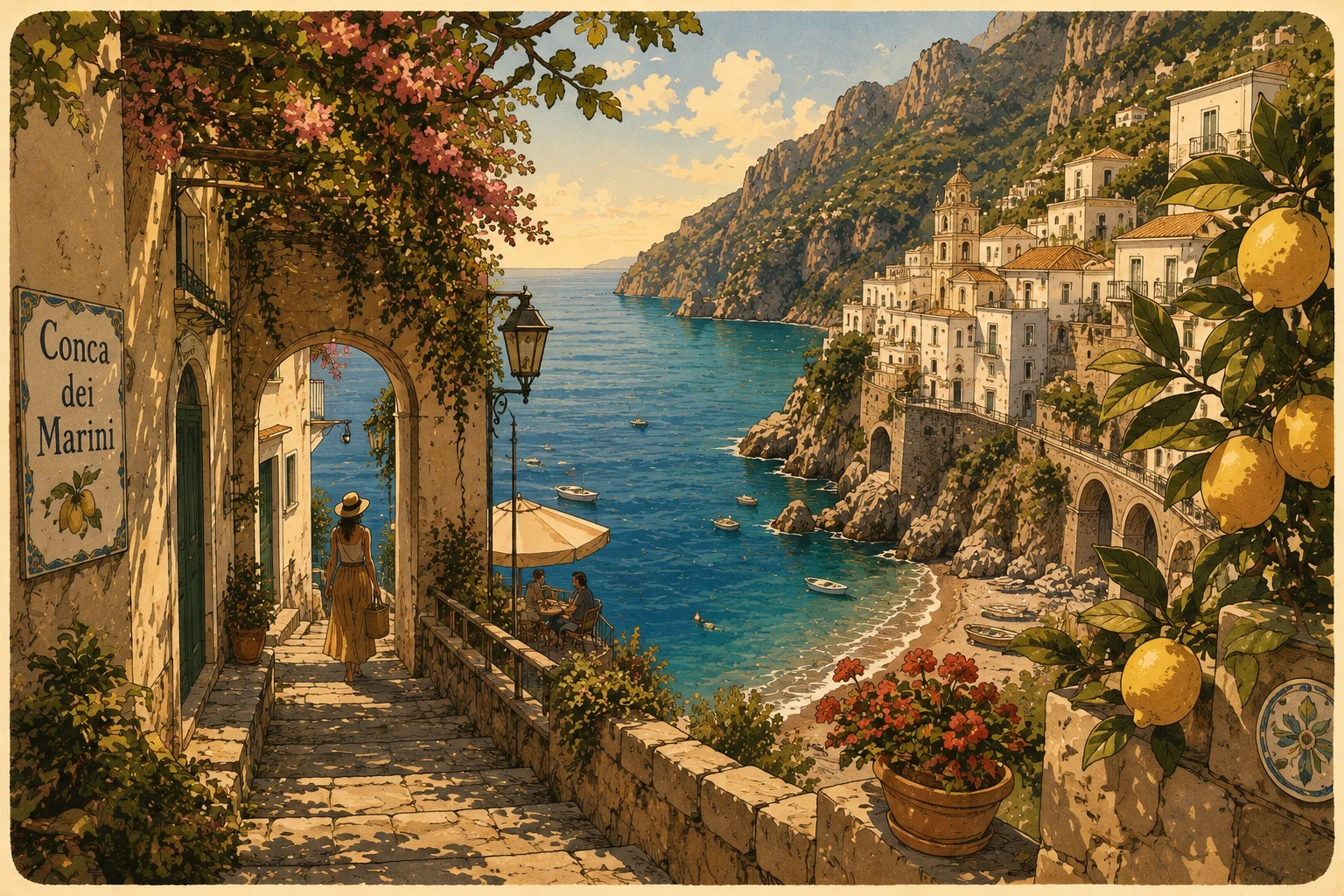 Illustration of Conca dei Marini above clear Mediterranean water