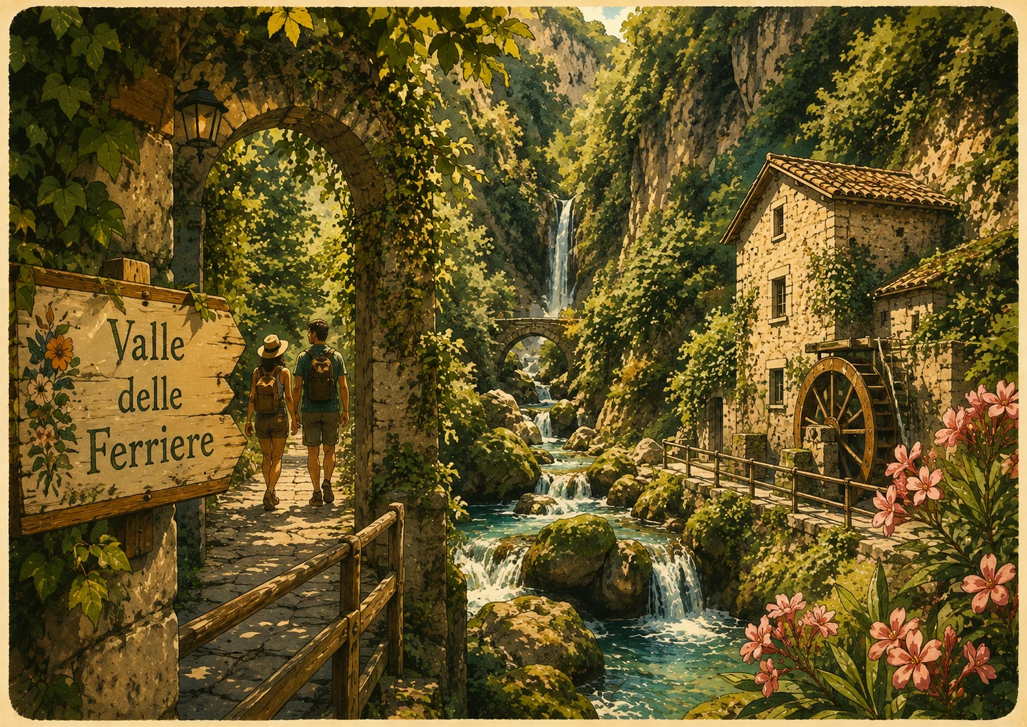 Illustration of the wooded Valle delle Ferriere trail behind Amalfi