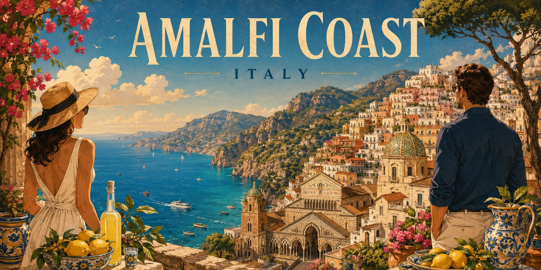 Illustrated panorama of the Amalfi Coast with cliffside villages, blue sea, boats, and lemon terraces
