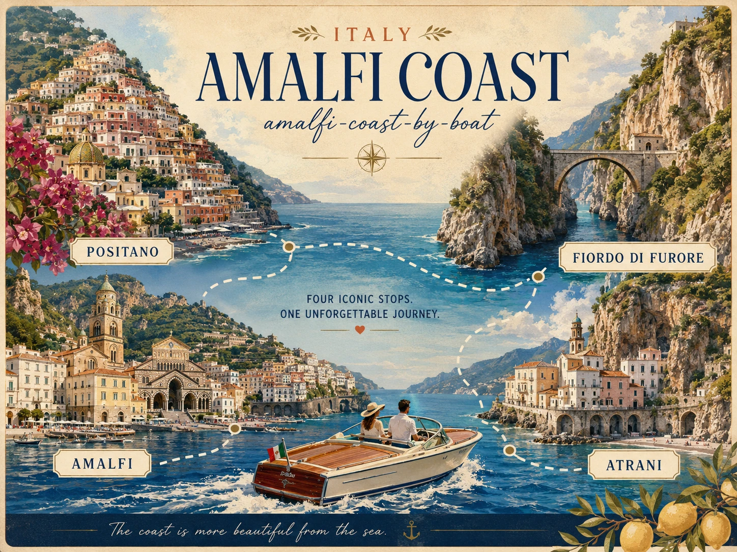 Illustrated boat route beneath Amalfi Coast villages and cliffs