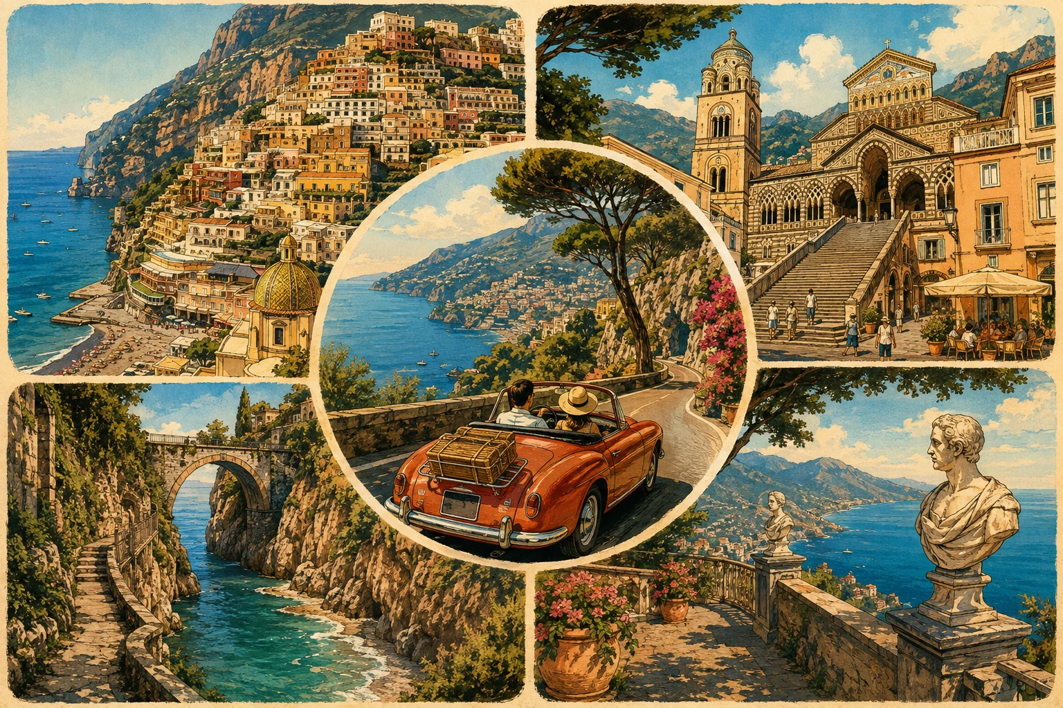 Illustrated scenic road trip along the Amalfi Coast