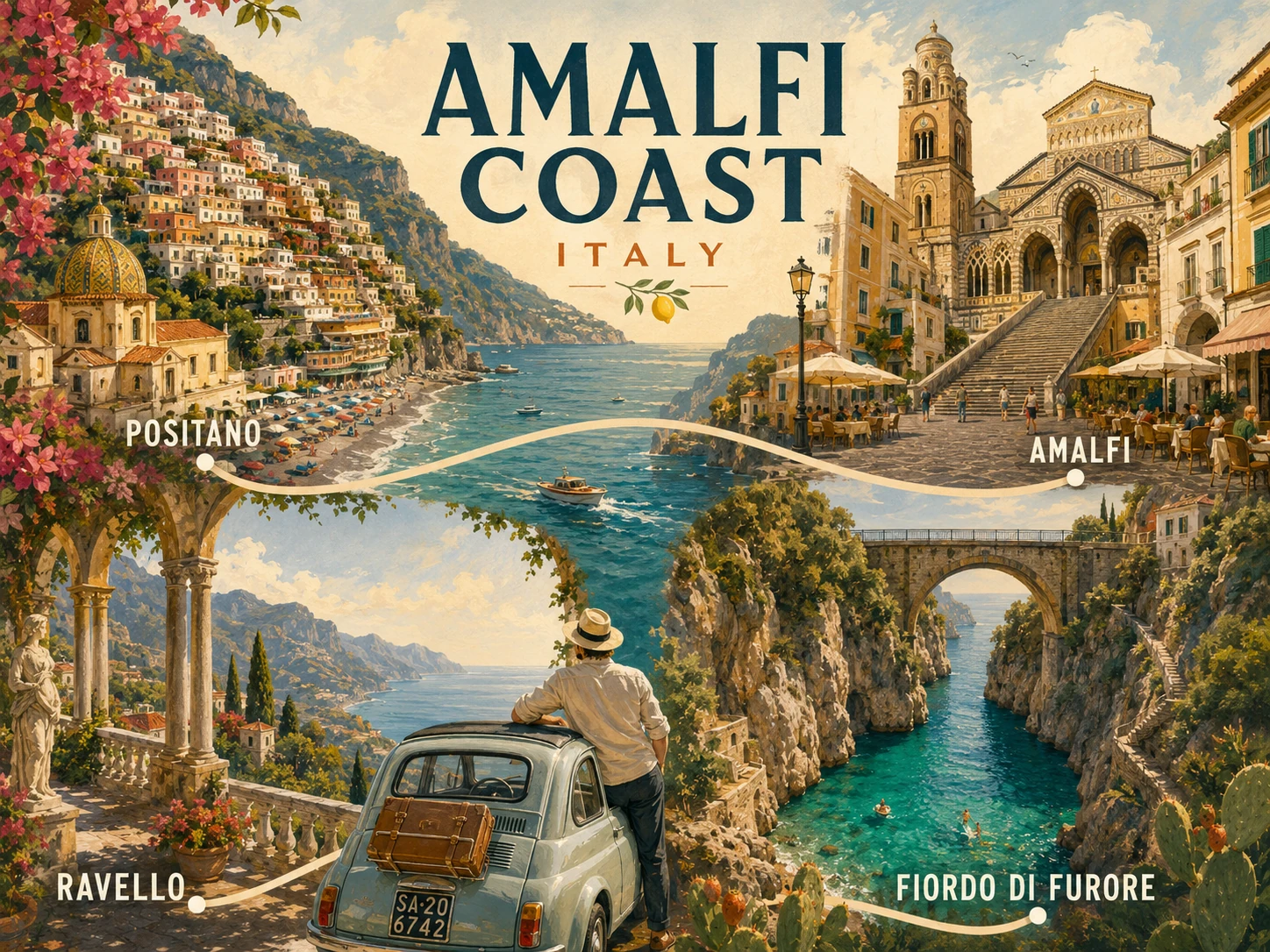 Illustrated classic Amalfi Coast route through Positano, Amalfi, and Ravello