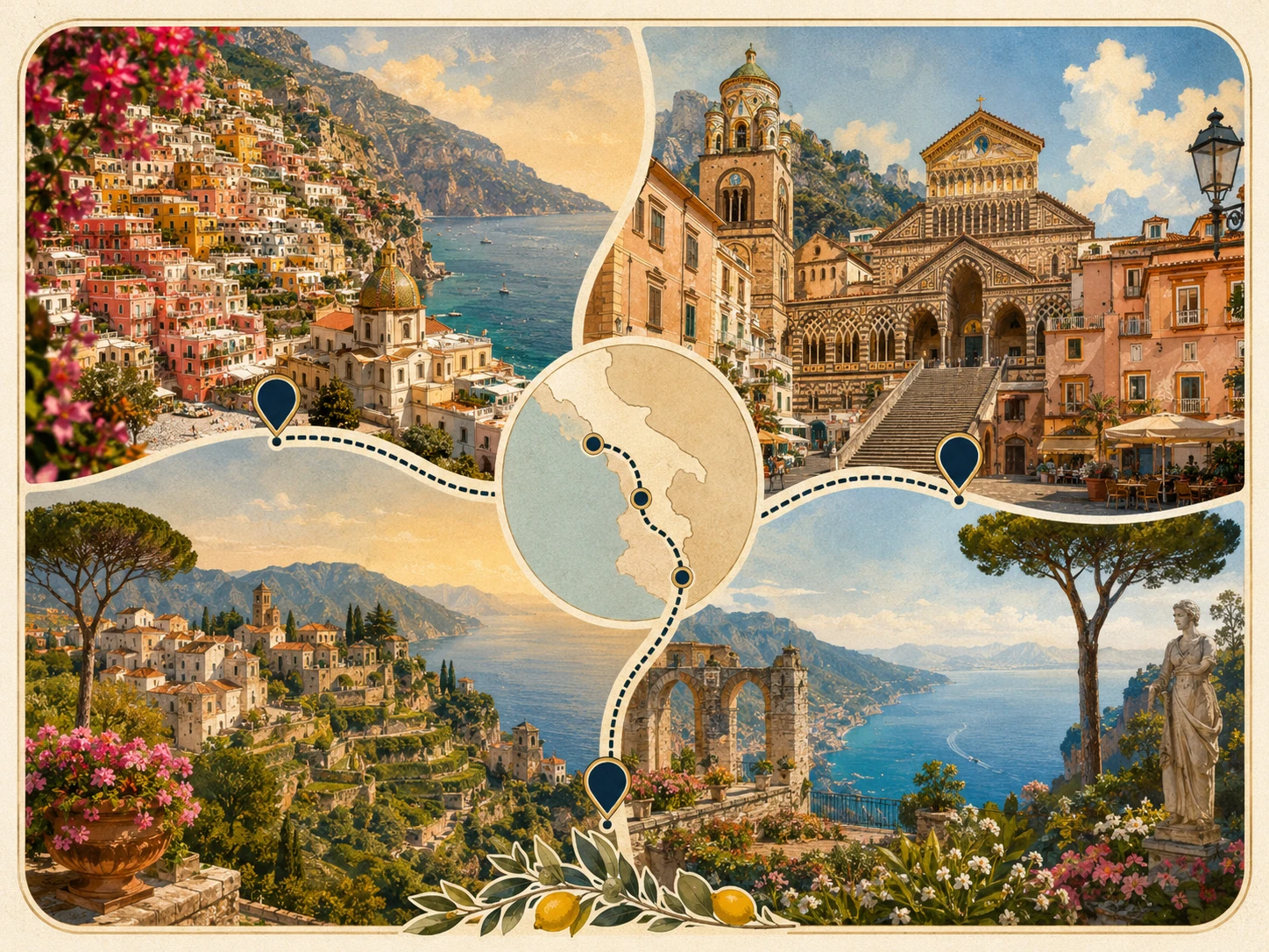 Illustrated route linking Positano, Amalfi, and Ravello
