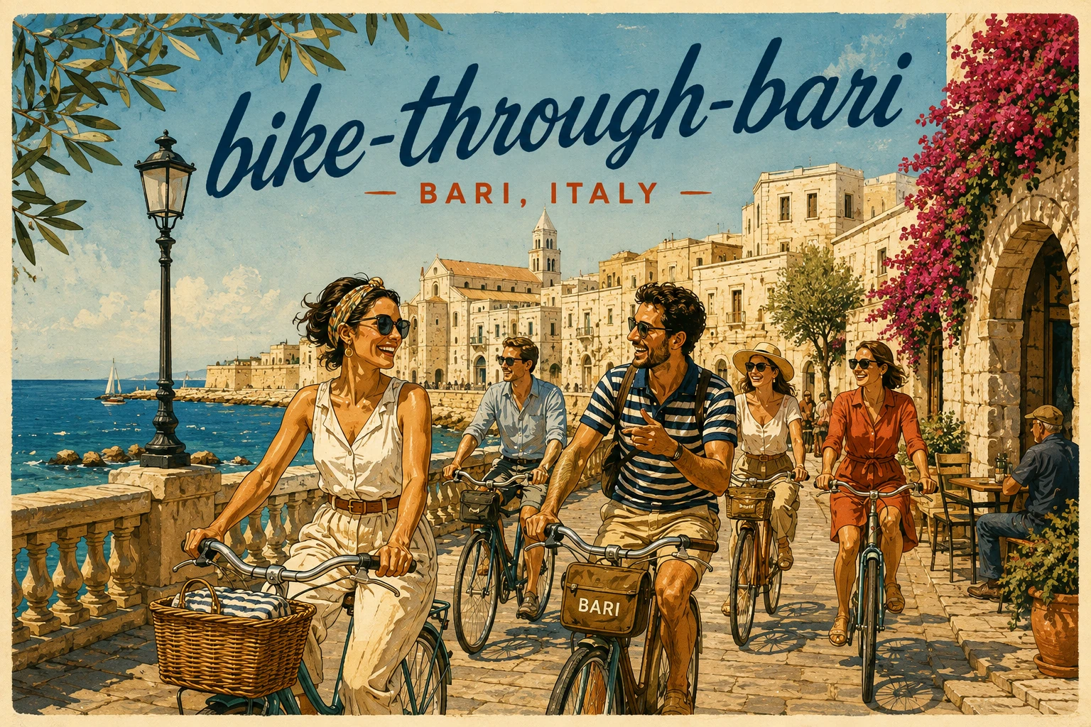 Illustration of travelers cycling through Bari and along the seafront